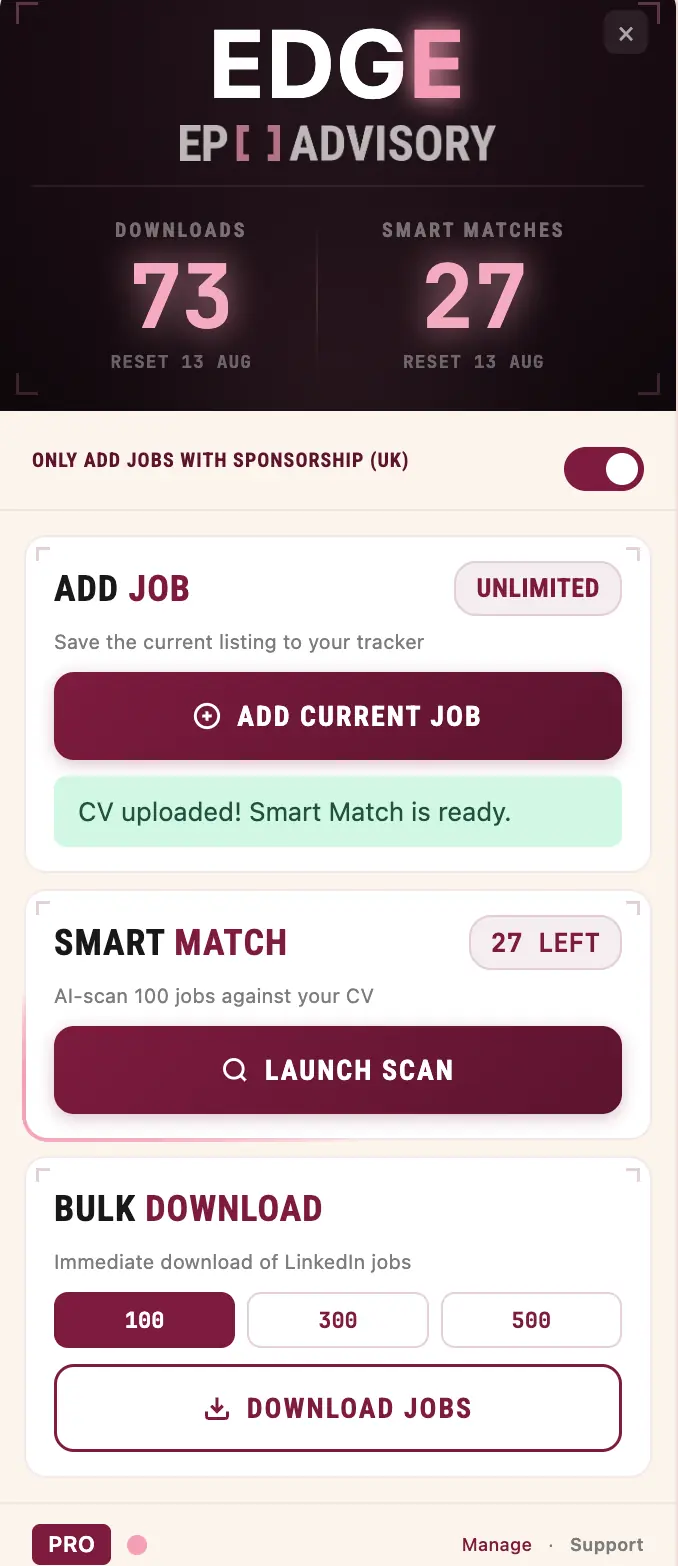 The EDGE browser plugin: AI-scan 100 jobs against your CV in one click