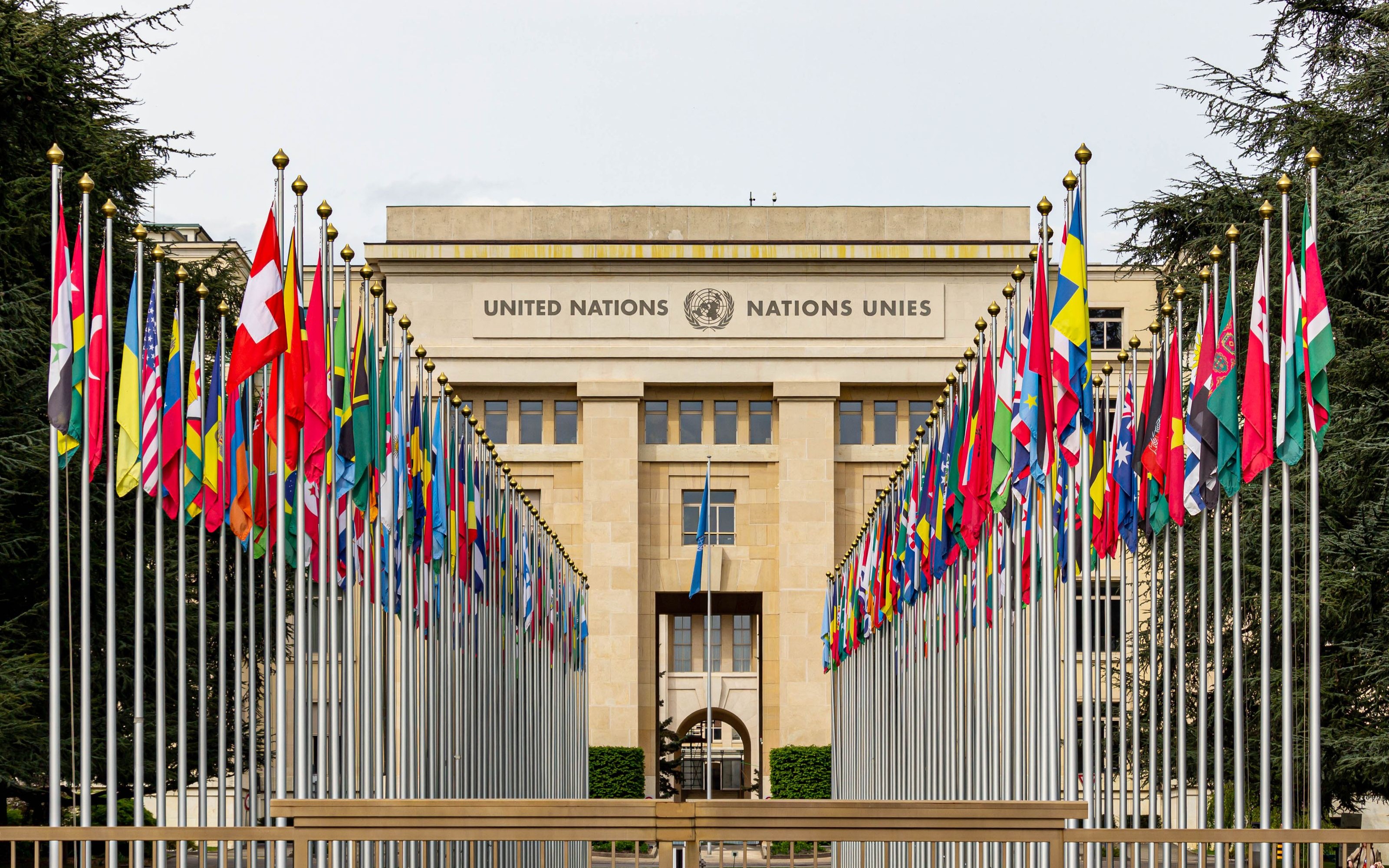 Flags of member states at the Palais des Nations, the United Nations office in Geneva