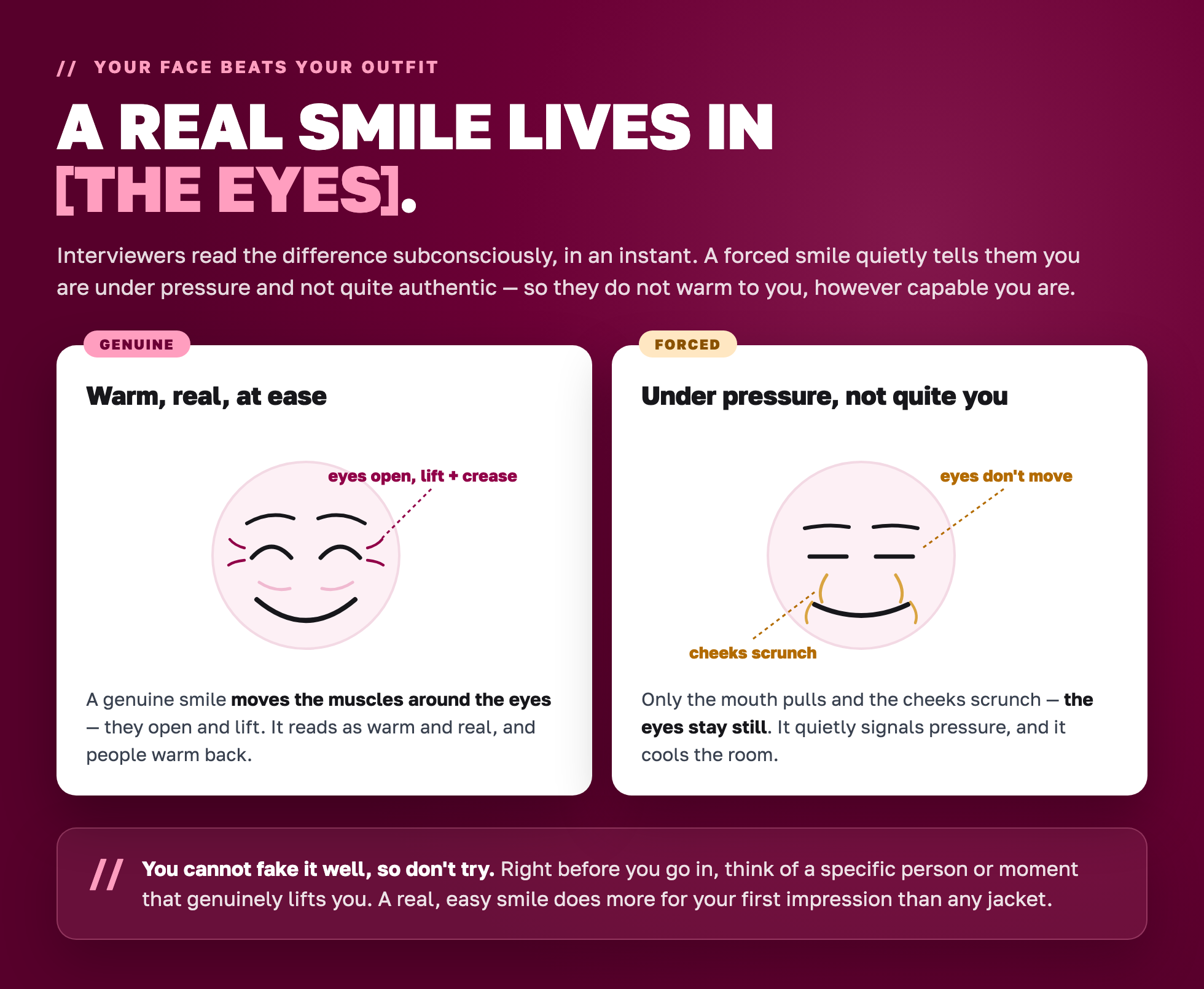 Genuine smile versus forced smile — a real smile lives in the eyes