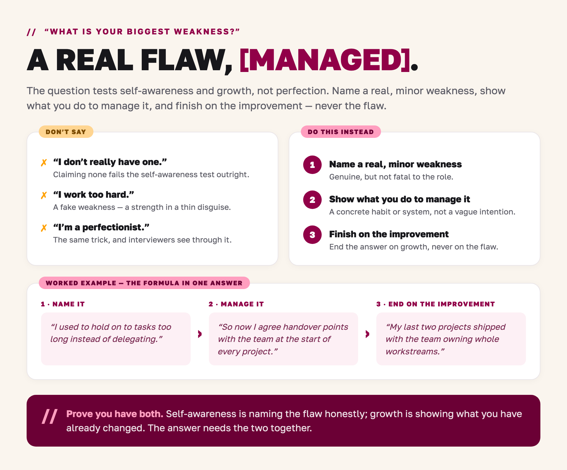 How to answer the biggest weakness question - a real flaw, managed