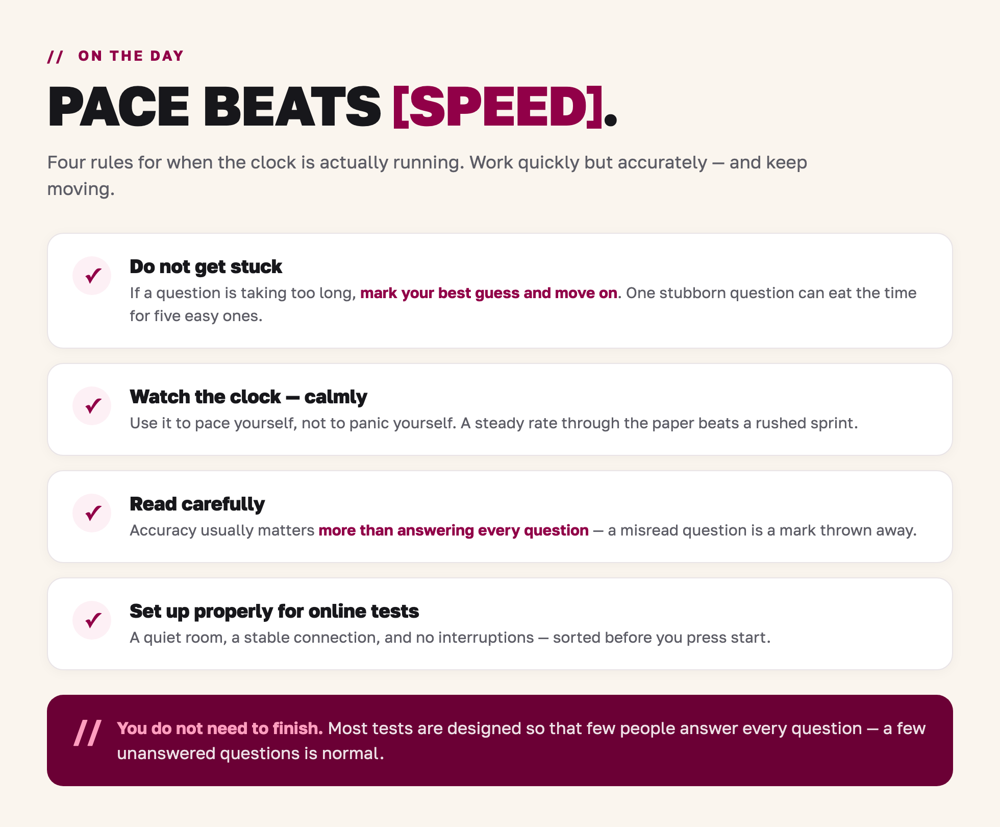 Checklist of four test-day rules: do not get stuck, watch the clock calmly, read carefully, and set up properly for online tests