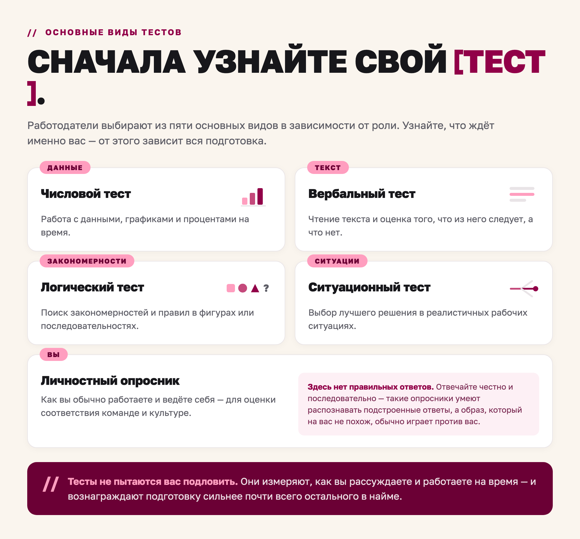 Пять основных типов психометрических тестов: числовой тест, вербальный тест, логический или индуктивный, ситуационный тест и личностный опросник