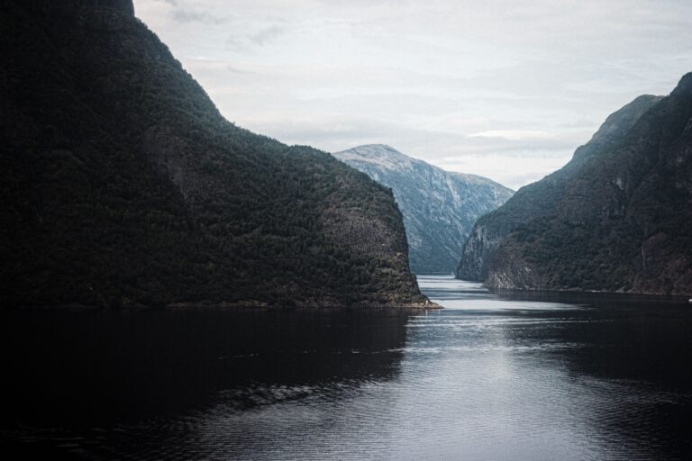 A calm Norwegian fjord flanked by steep green mountains - Norway work permit and life