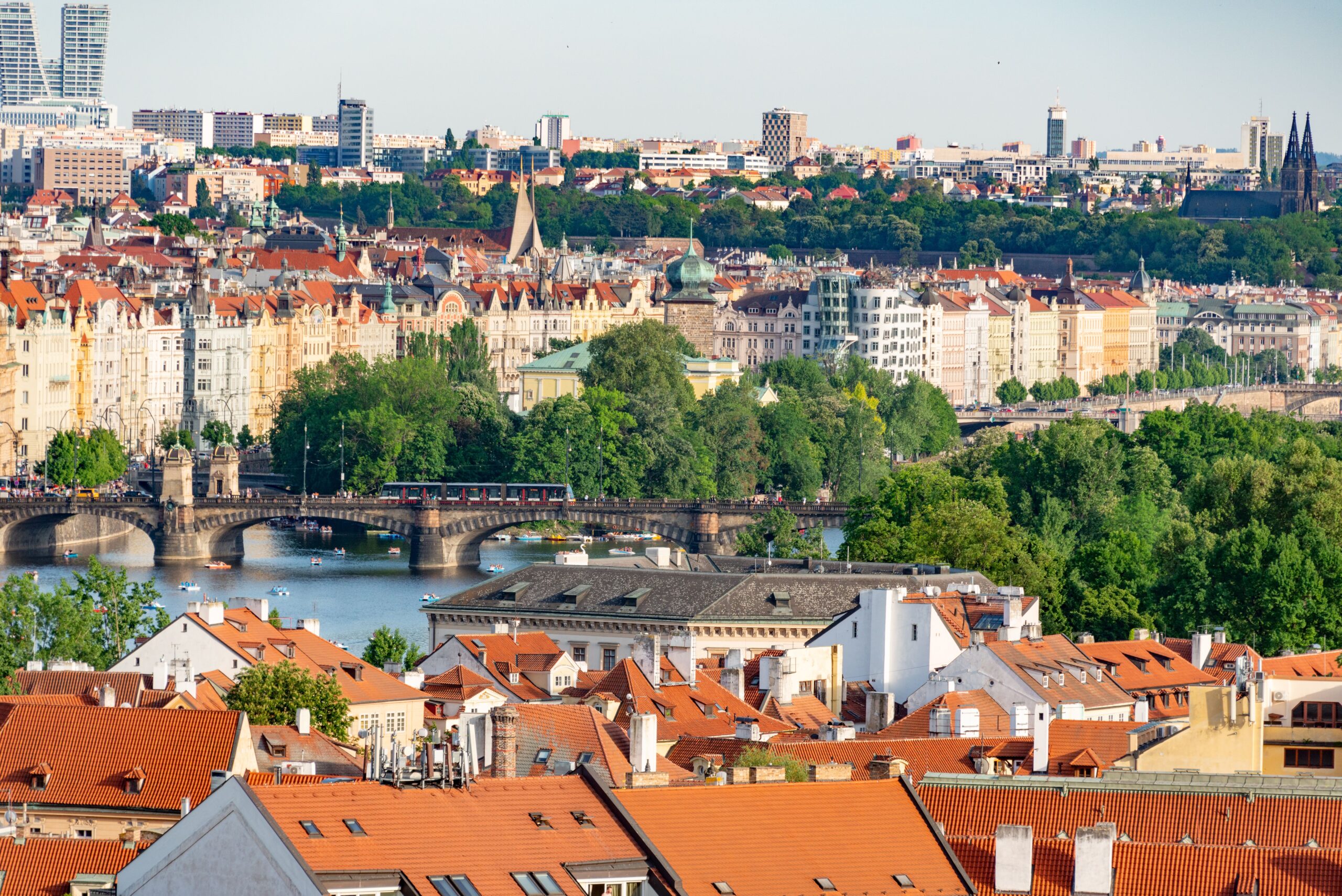 Aerial view of Prague old town and river, a popular European relocation destination