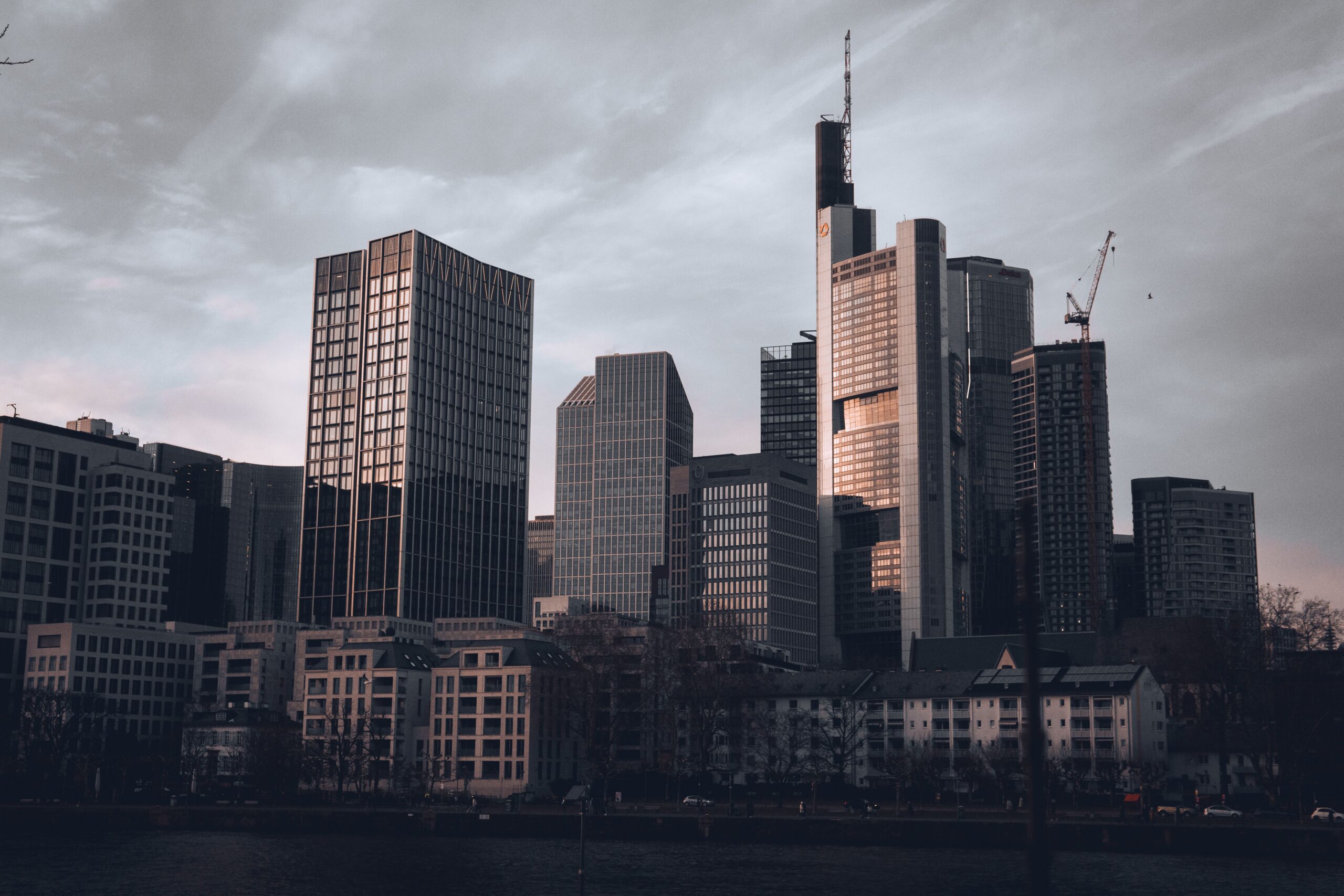 Frankfurt financial district skyline at dusk, a major European job market