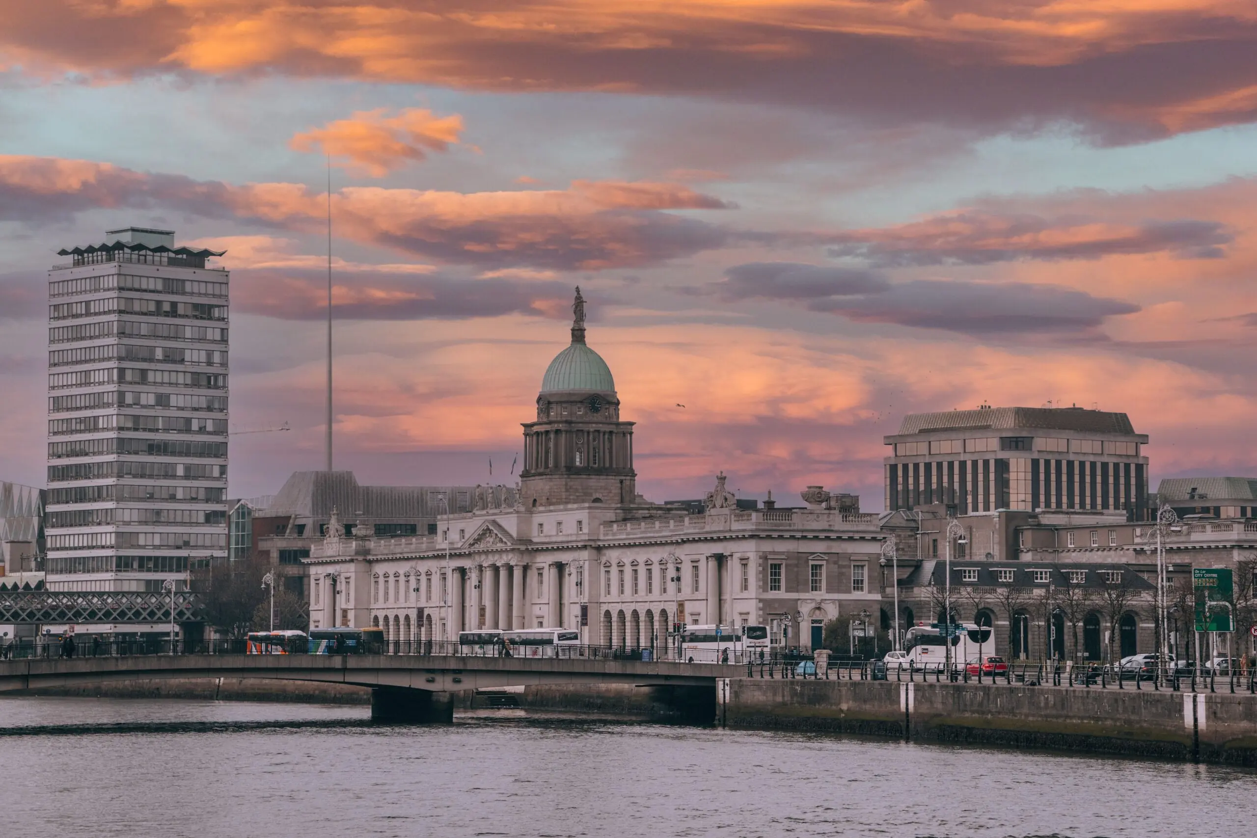 Dublin's Custom House and the River Liffey at sunset, near the IFSC financial district