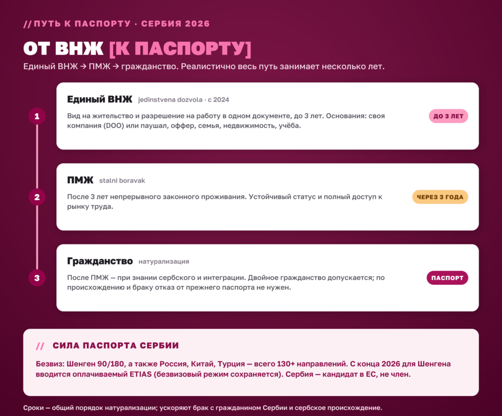 Инфографика: путь от единого ВНЖ к ПМЖ и гражданству Сербии