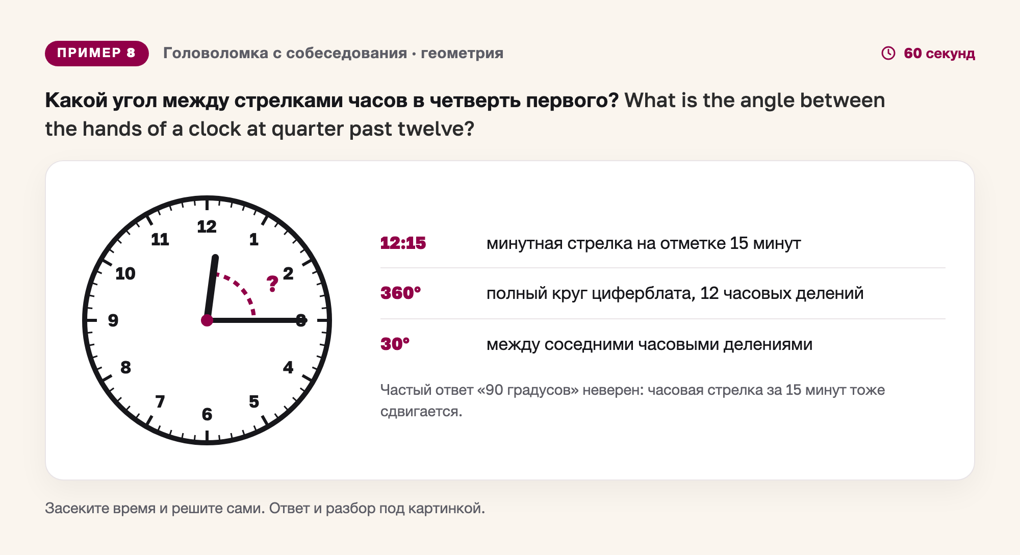 Задача с собеседования: какой угол между стрелками часов в четверть первого, циферблат со стрелками на 12:15