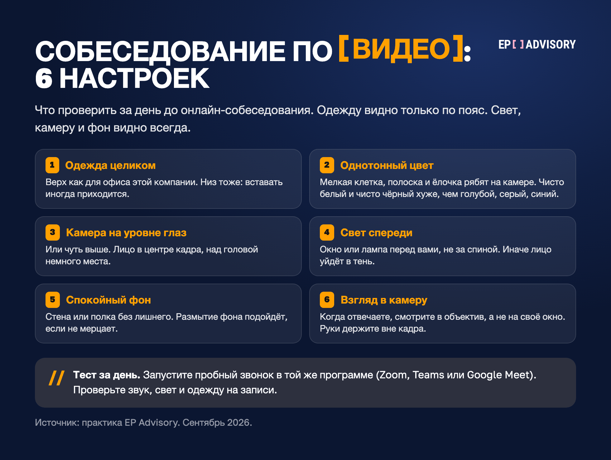 Собеседование по видео, 6 настроек: одежда целиком, как для офиса; однотонный цвет без мелкого узора; камера на уровне глаз или чуть выше; свет спереди, не за спиной; спокойный фон; взгляд в камеру, руки вне кадра. За день сделайте пробный звонок в Zoom, Teams или Google Meet.