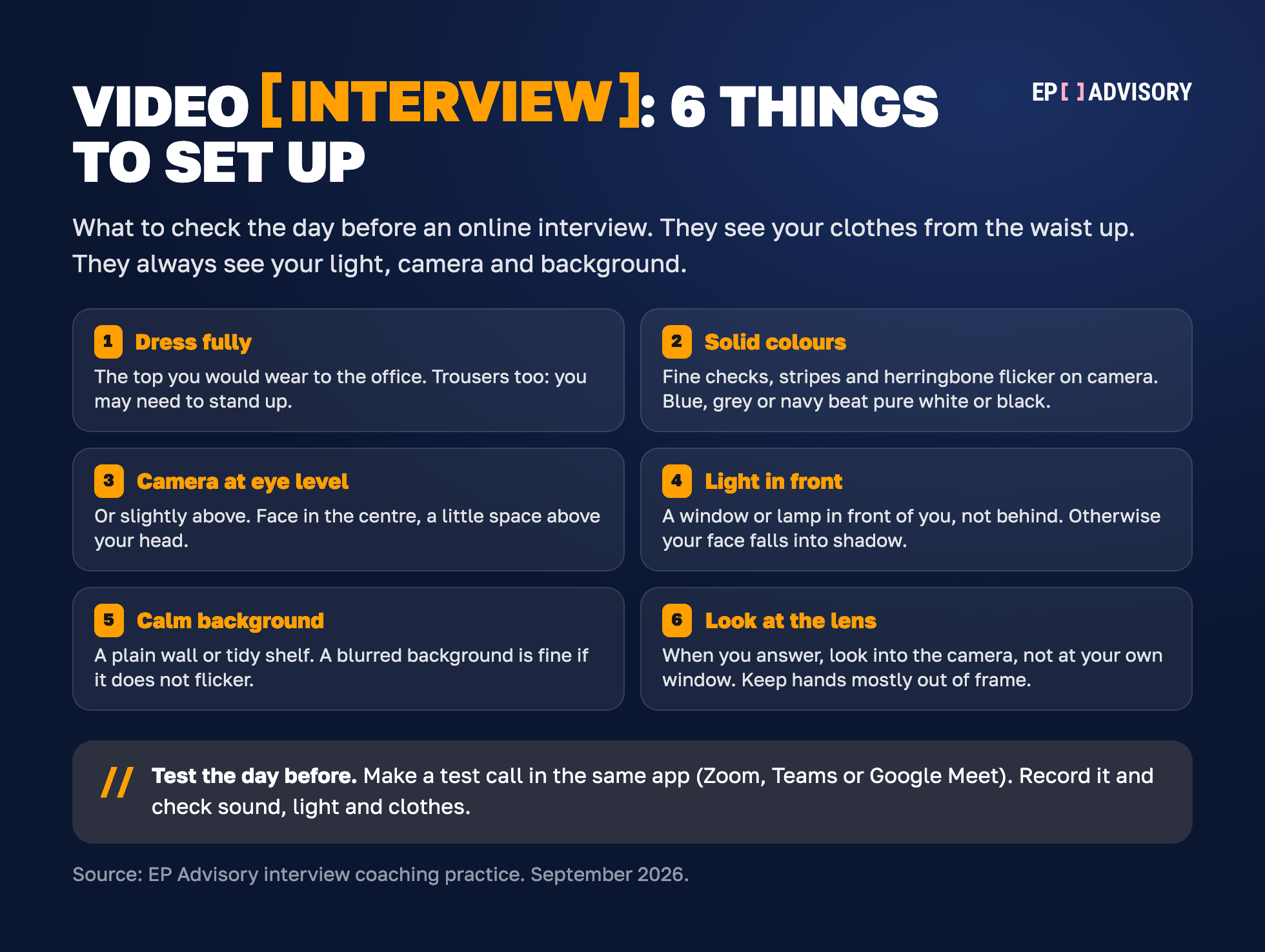 Video interview, 6 things to set up: dress fully, as for the office; solid colours, no fine patterns; camera at eye level or slightly above; light in front of you, not behind; a calm background; look at the lens and keep hands mostly out of frame. Make a test call the day before in Zoom, Teams or Google Meet.