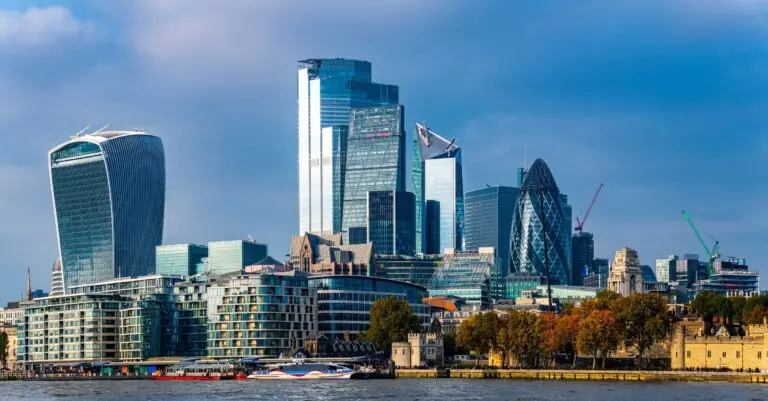 The City of London financial district skyline from the Thames, with the Gherkin, Cheesegrater and 22 Bishopsgate towers.