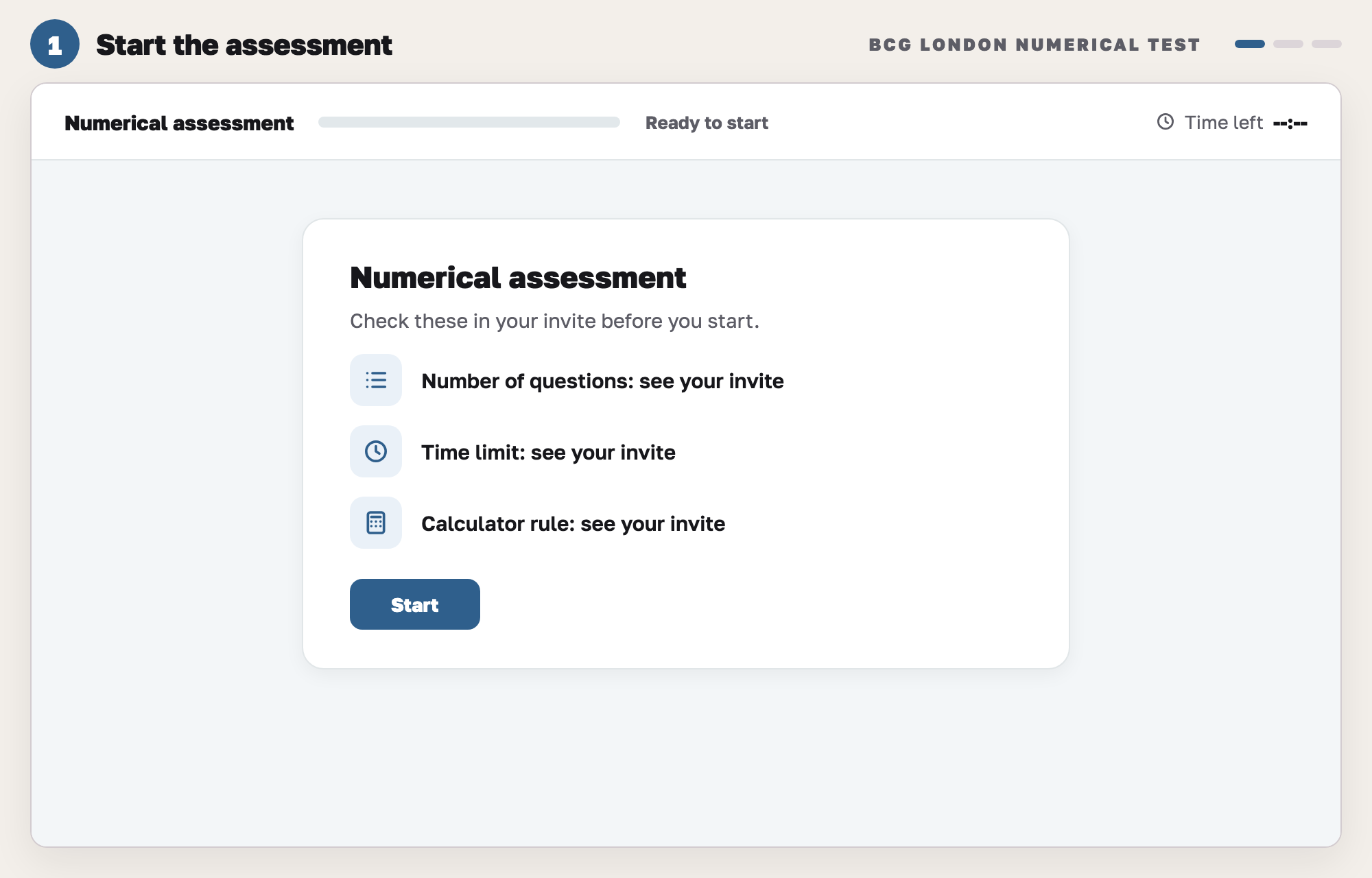 Our drawing of a numerical assessment start screen: a card that sends you to your invite for the number of questions, the time limit and the calculator rule, and a Start button. No real screen is public.