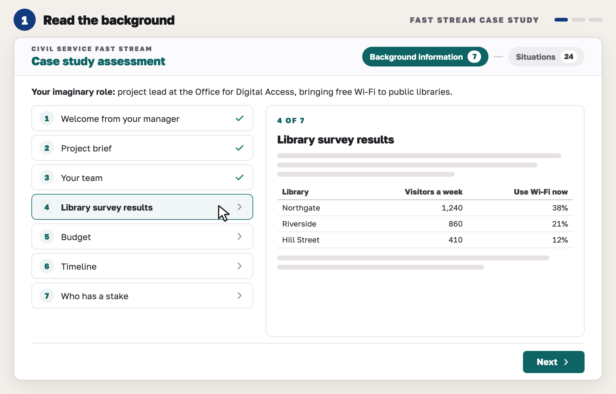 Our drawing of a case study screen. A list of 7 numbered background items sits on the left. The open item, a short table of library survey results, sits on the right.