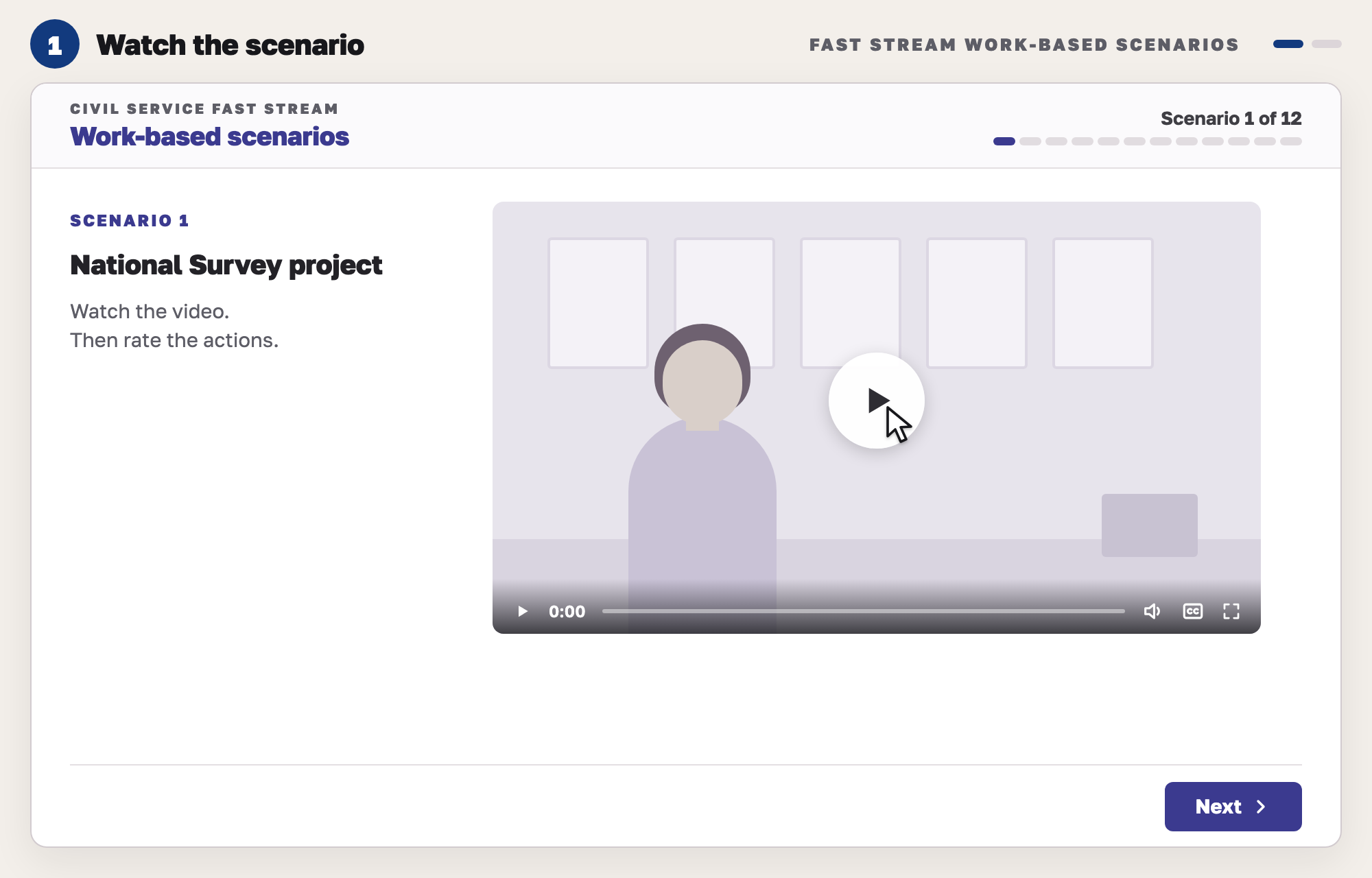 Our drawing of a work-based scenarios screen. It shows Scenario 1 of 12, the title National Survey project, and a video player with a large play button.