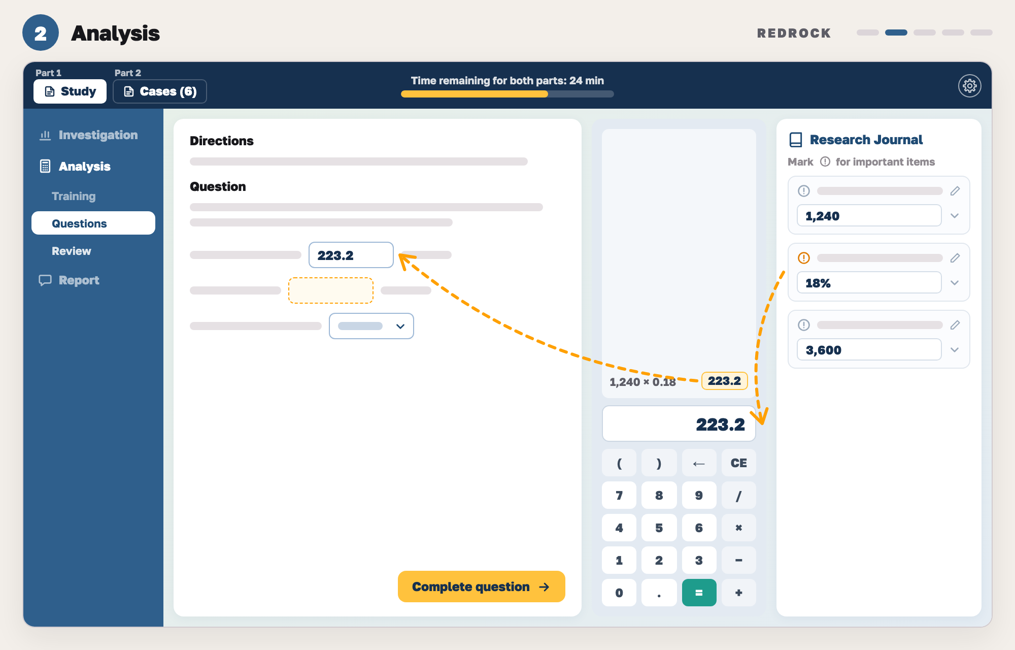 Our drawing of the Redrock analysis screen: a question with answer boxes, the on-screen calculator with its log and keypad, and the research journal.
