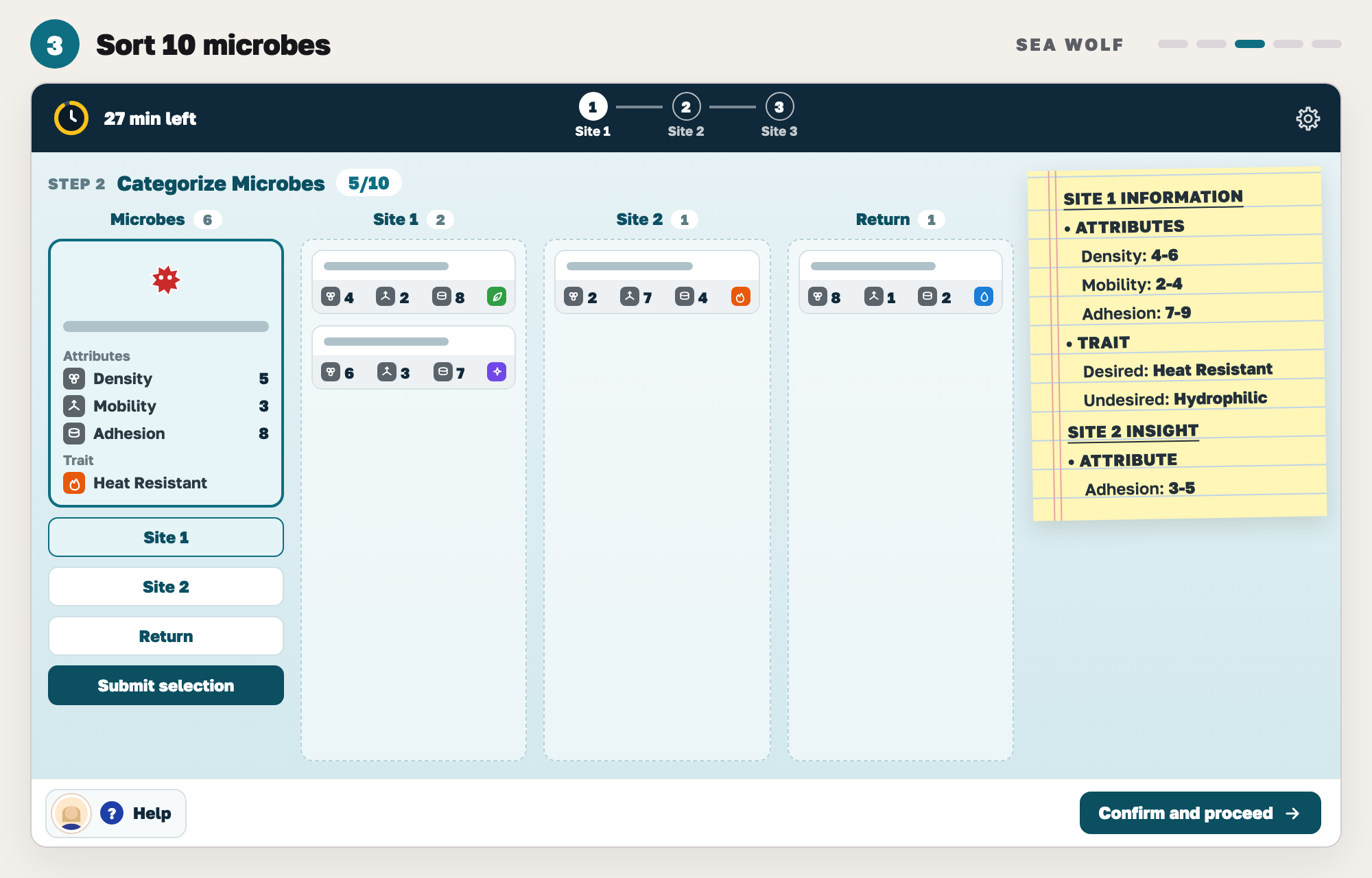 Our drawing of Sea Wolf step 2: one microbe card with Site 1, Site 2 and Return buttons, three columns of sorted microbes, and the site notepad with a Site 2 insight.