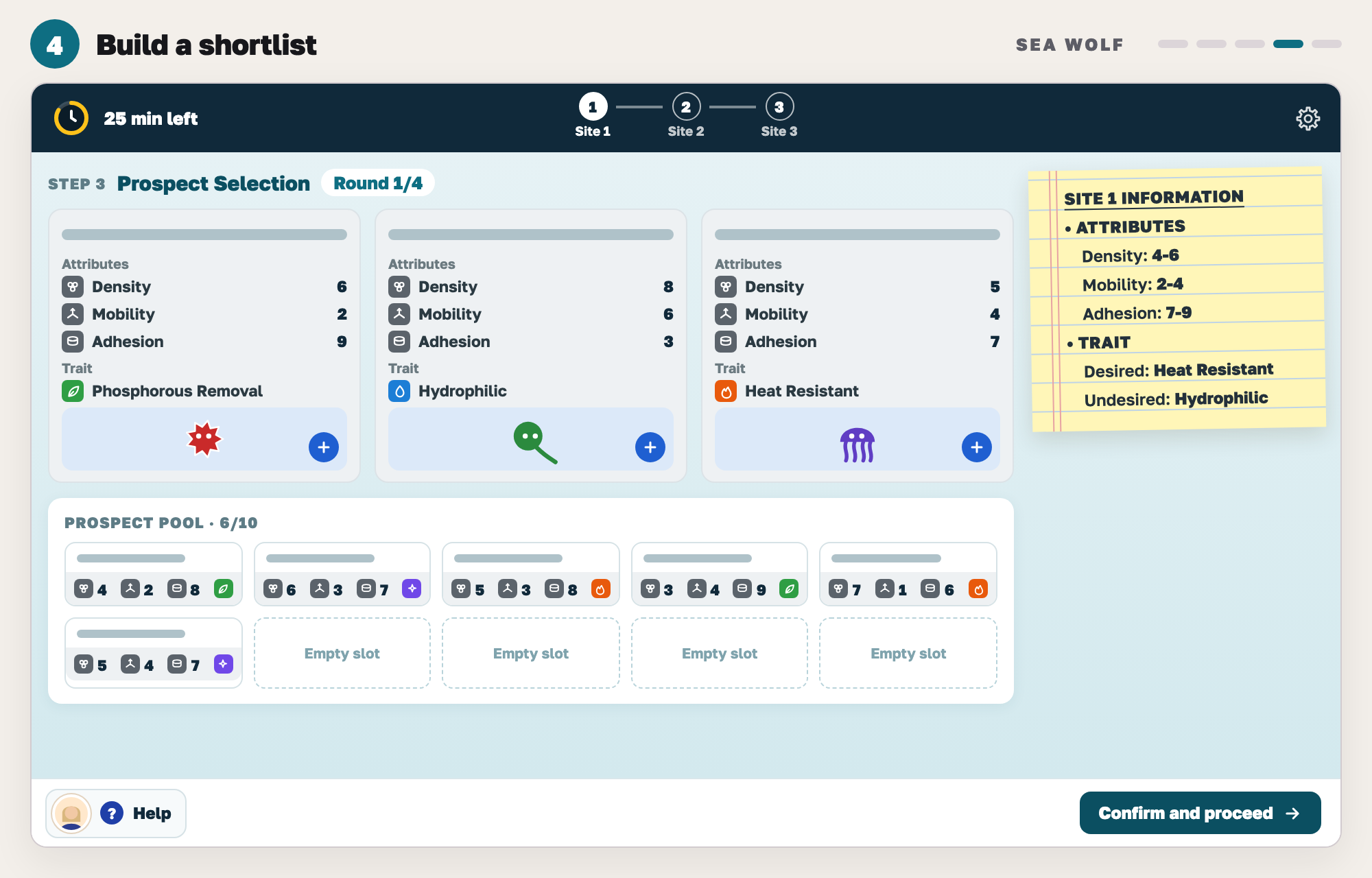 Our drawing of Sea Wolf step 3: three microbe cards with Add buttons above a prospect pool of ten slots, six filled and four empty, and the site notepad.