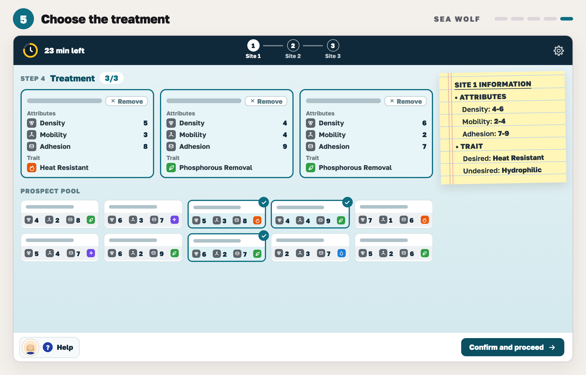 Our drawing of Sea Wolf step 4: the three chosen microbe cards in the treatment area, above the ten microbes in the prospect pool with the same three ticked.