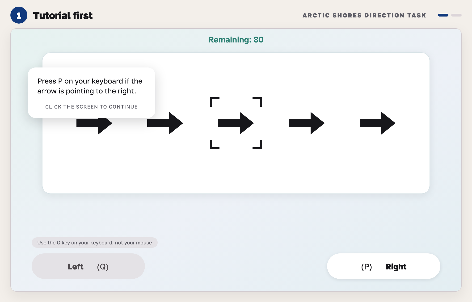 Our drawing of the Direction task tutorial: a counter at the top, five arrows pointing right with the centre one in brackets, a tip box, and Left (Q) and (P) Right buttons.