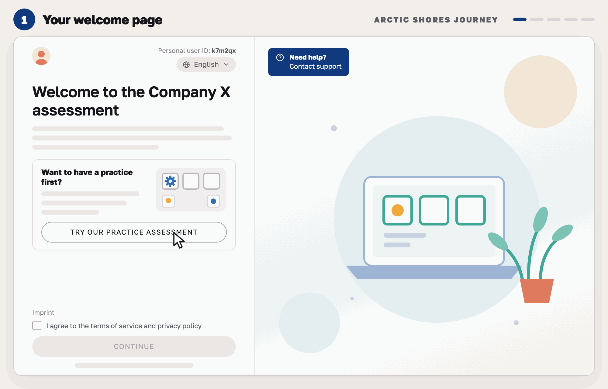 Our drawing of an Arctic Shores-style welcome page: a welcome message, a practice card with a Try our practice assessment button under the pointer, a terms tick box and a grey Continue button.