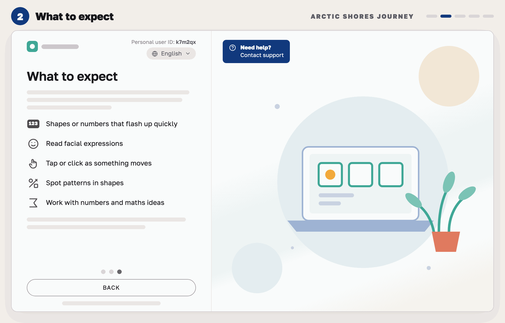 Our drawing of a What to expect page listing five kinds of task, such as reading facial expressions and spotting patterns in shapes, with a Back button.