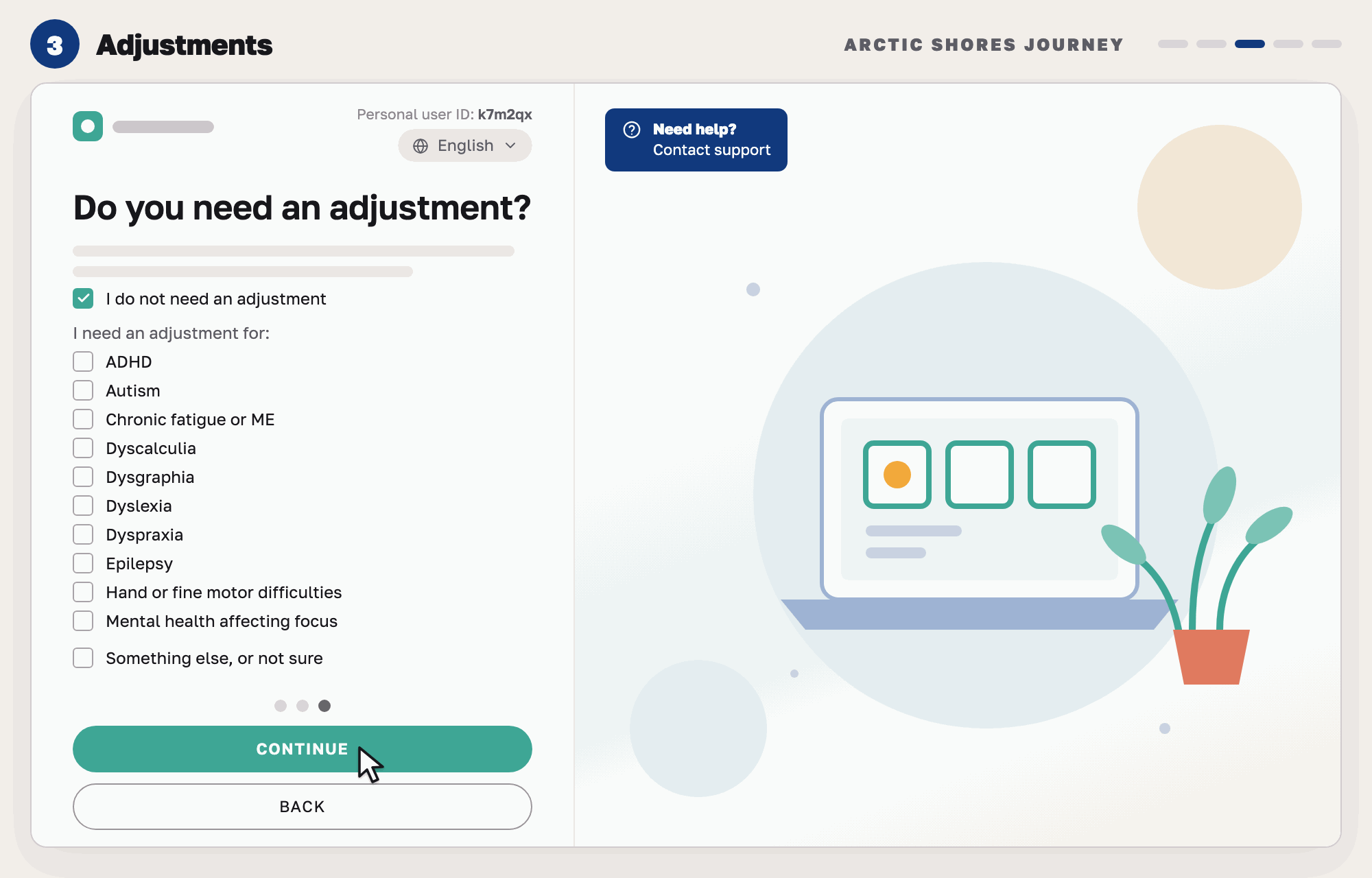 Our drawing of an adjustments page: a ticked box for no adjustment, a list of conditions such as ADHD and dyslexia to tick, and the pointer on Continue.