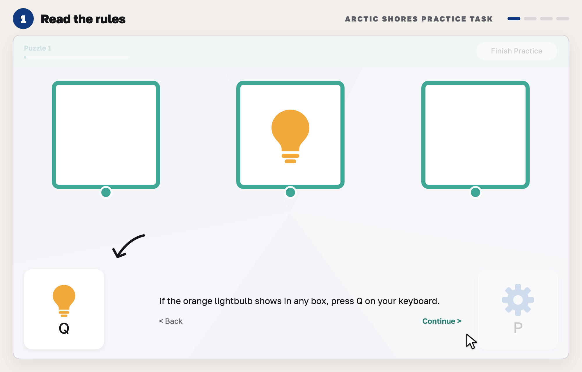 Our drawing of the practice task instructions: three framed boxes with a lightbulb in the middle one, an arrow to the Q key tile, and the line press Q if the orange lightbulb shows.