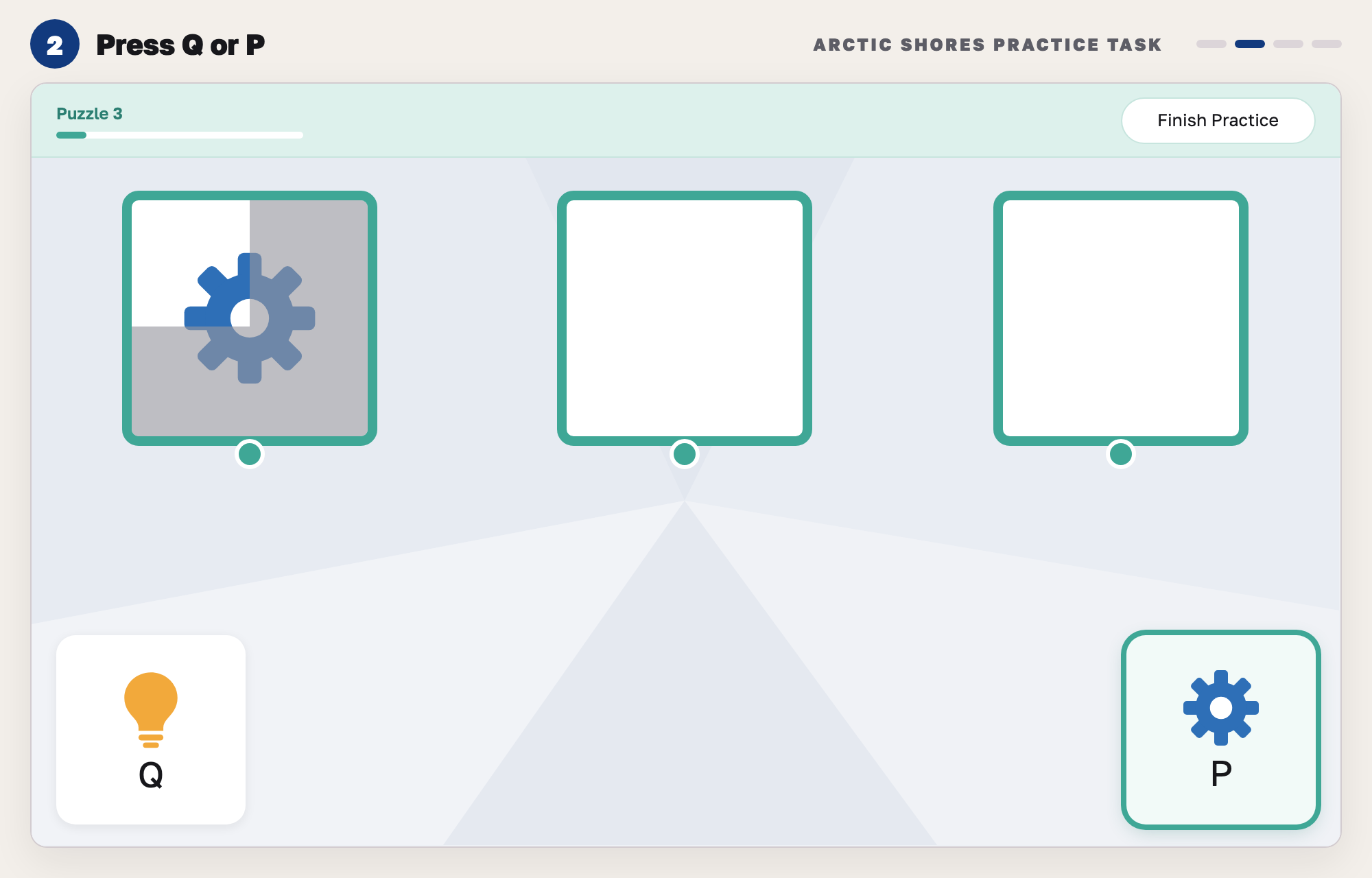 Our drawing of the practice task: a blue cog appears in the left box as a grey cover sweeps over it, and the P key tile is marked as pressed.