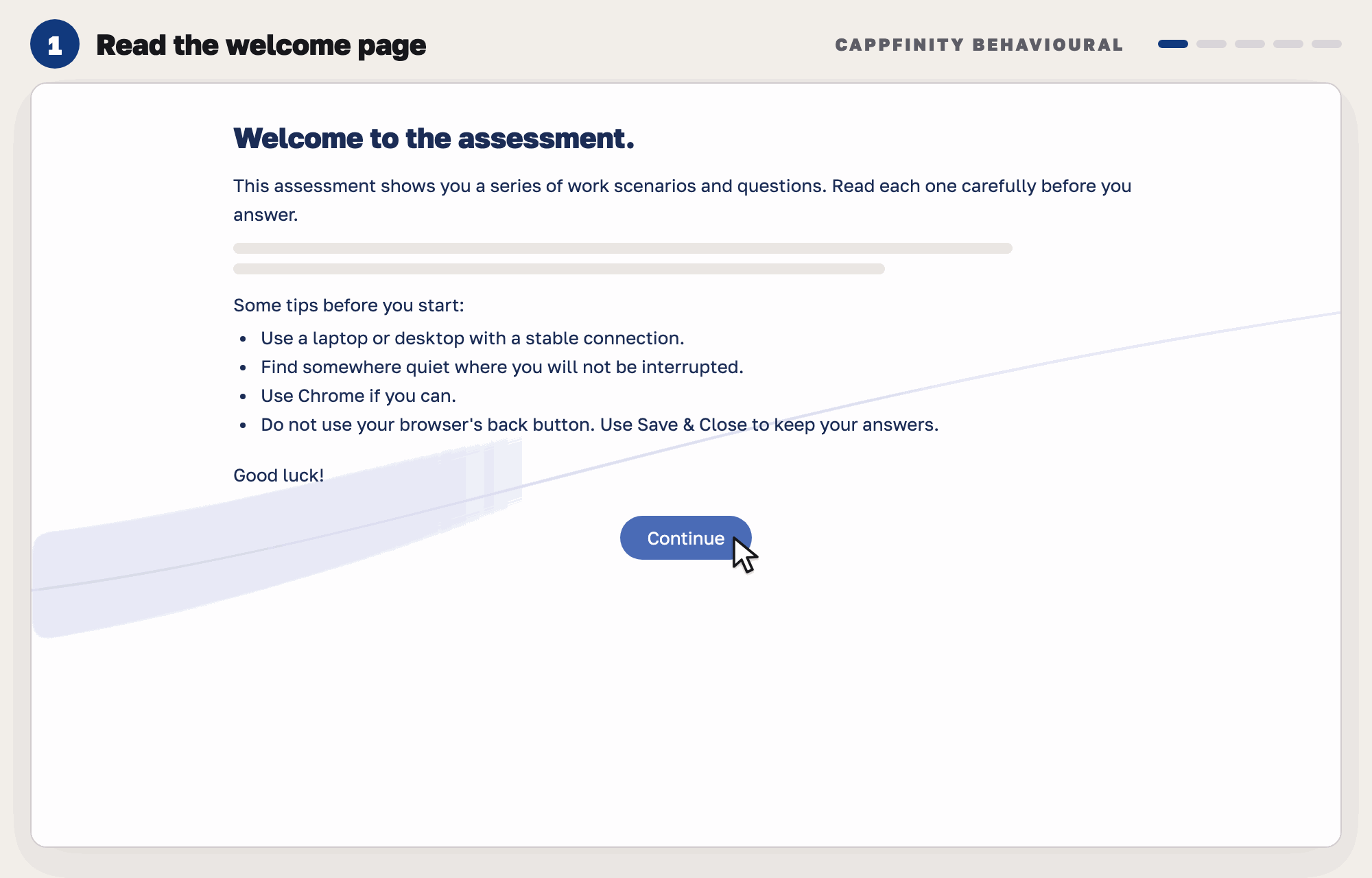 Our drawing of a welcome page with a short intro, a list of tips and a Continue button on a pale background.