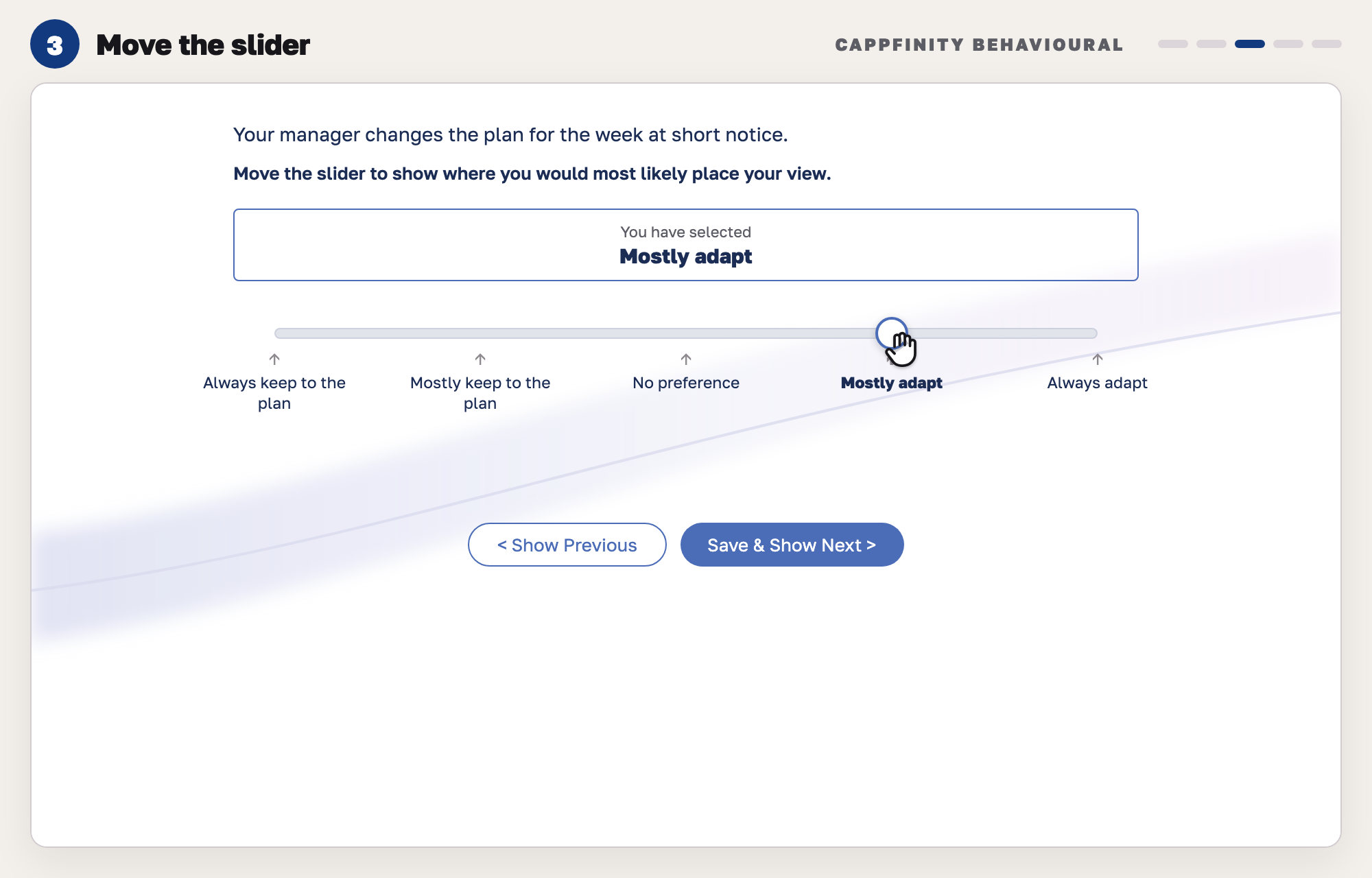 Our drawing of a slider question: a scenario, a box reading You have selected Mostly adapt, and a five-point scale with the handle on Mostly adapt.