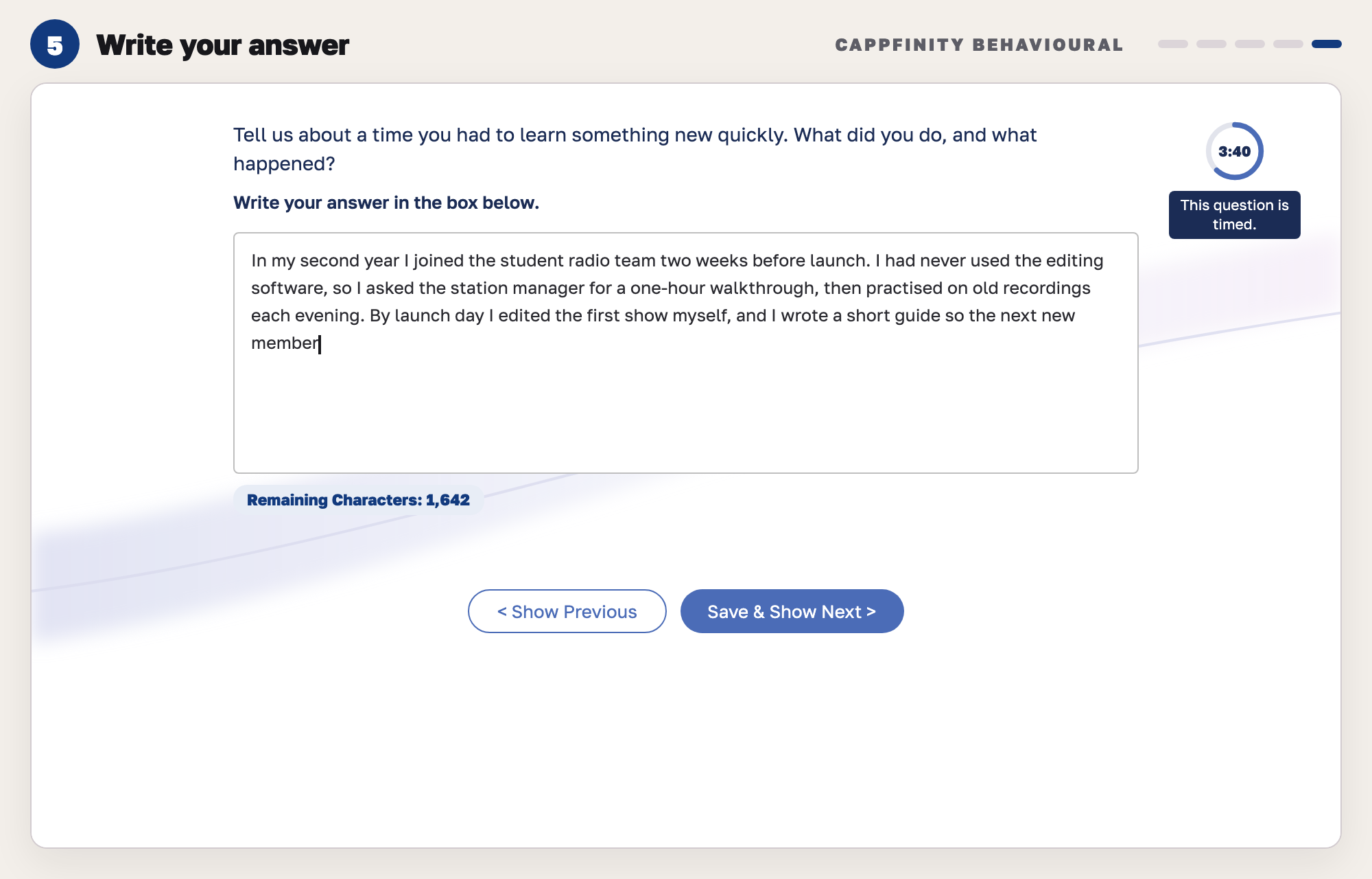 Our drawing of a written question: a prompt, a text box with a typed answer, a small countdown ring marked as timed, and a remaining characters counter.