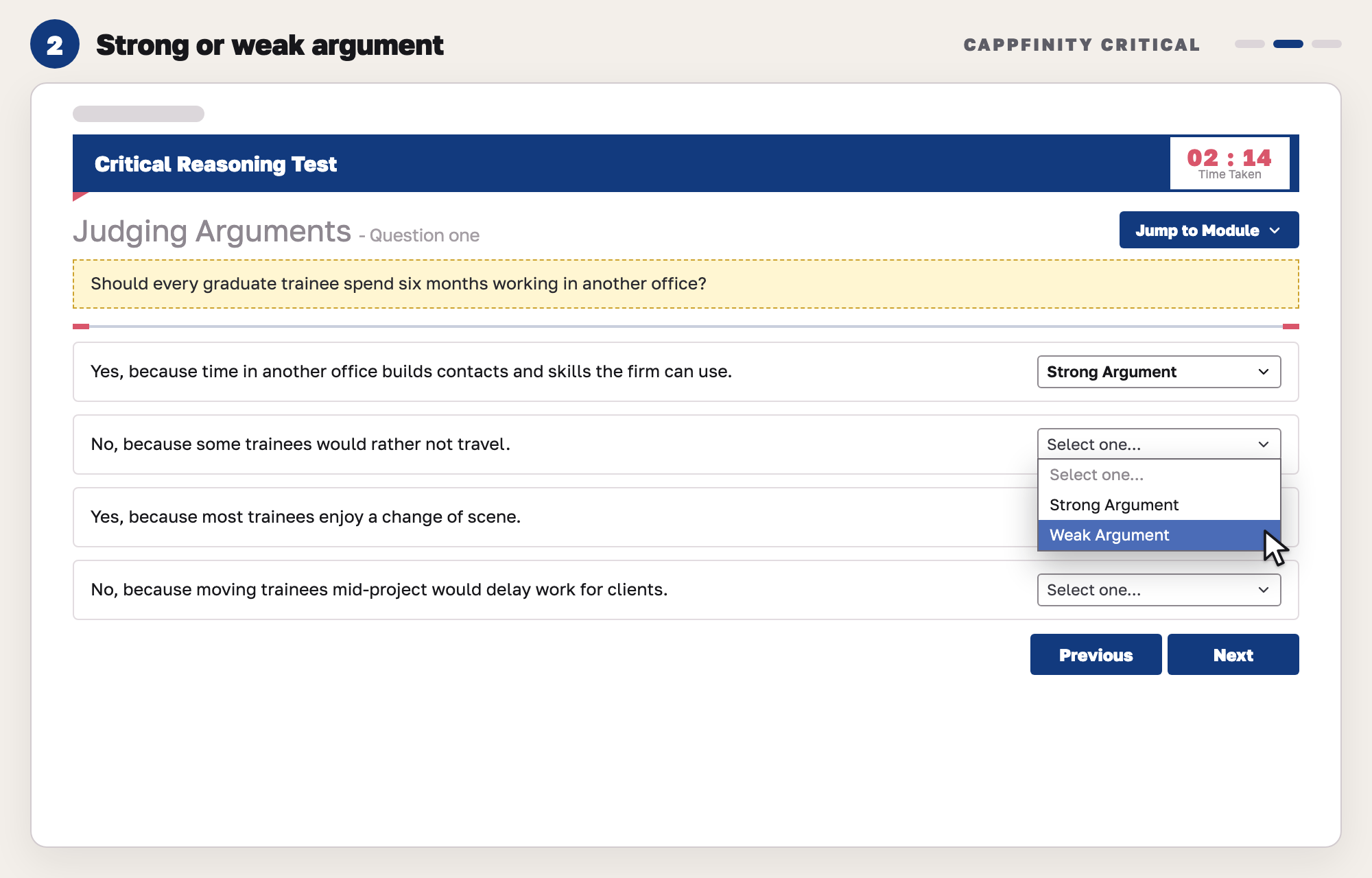Our drawing of a critical reasoning arguments question: a yes-or-no question, four arguments with drop-down boxes, one set to Strong Argument and one open.