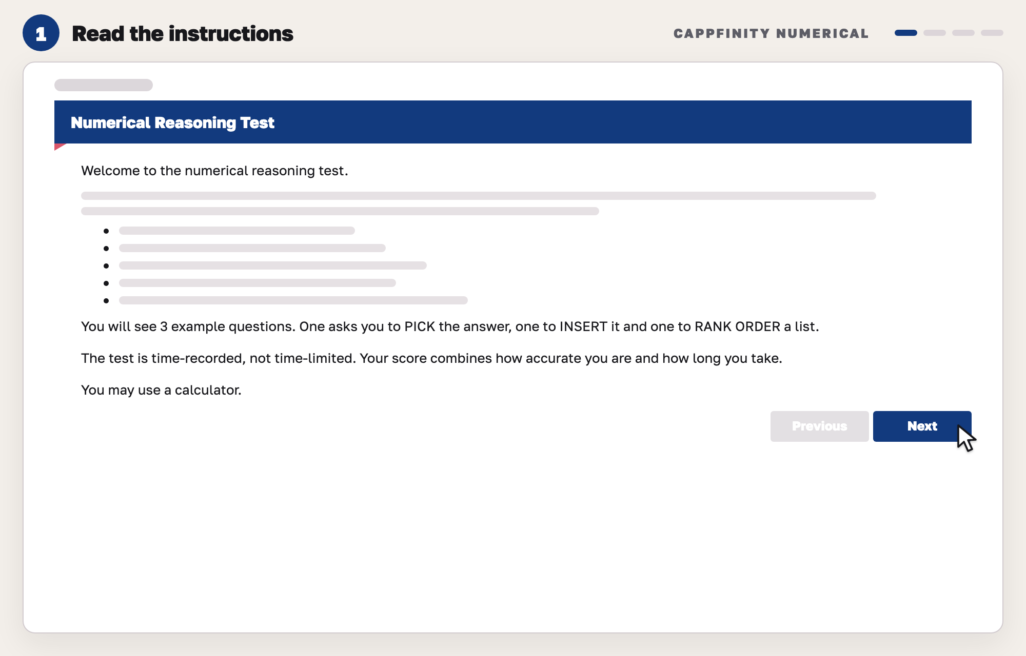 Our drawing of the numerical test instructions: a dark blue title bar, a short intro, a list and notes on timing and calculators, with Previous and Next buttons.