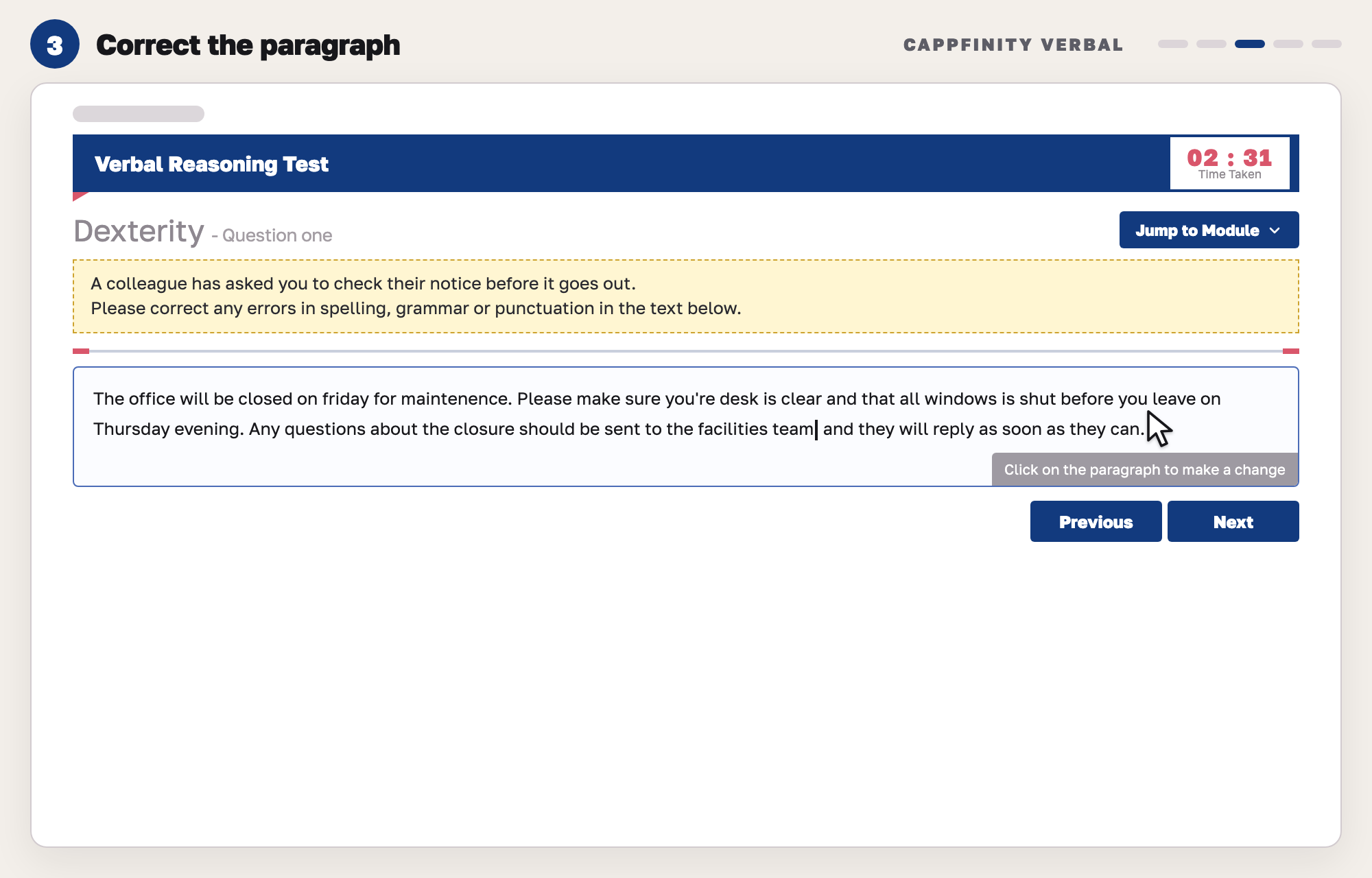 Our drawing of a verbal error-checking question: a notice with a few mistakes in an editable box, and a tab saying click on the paragraph to make a change.