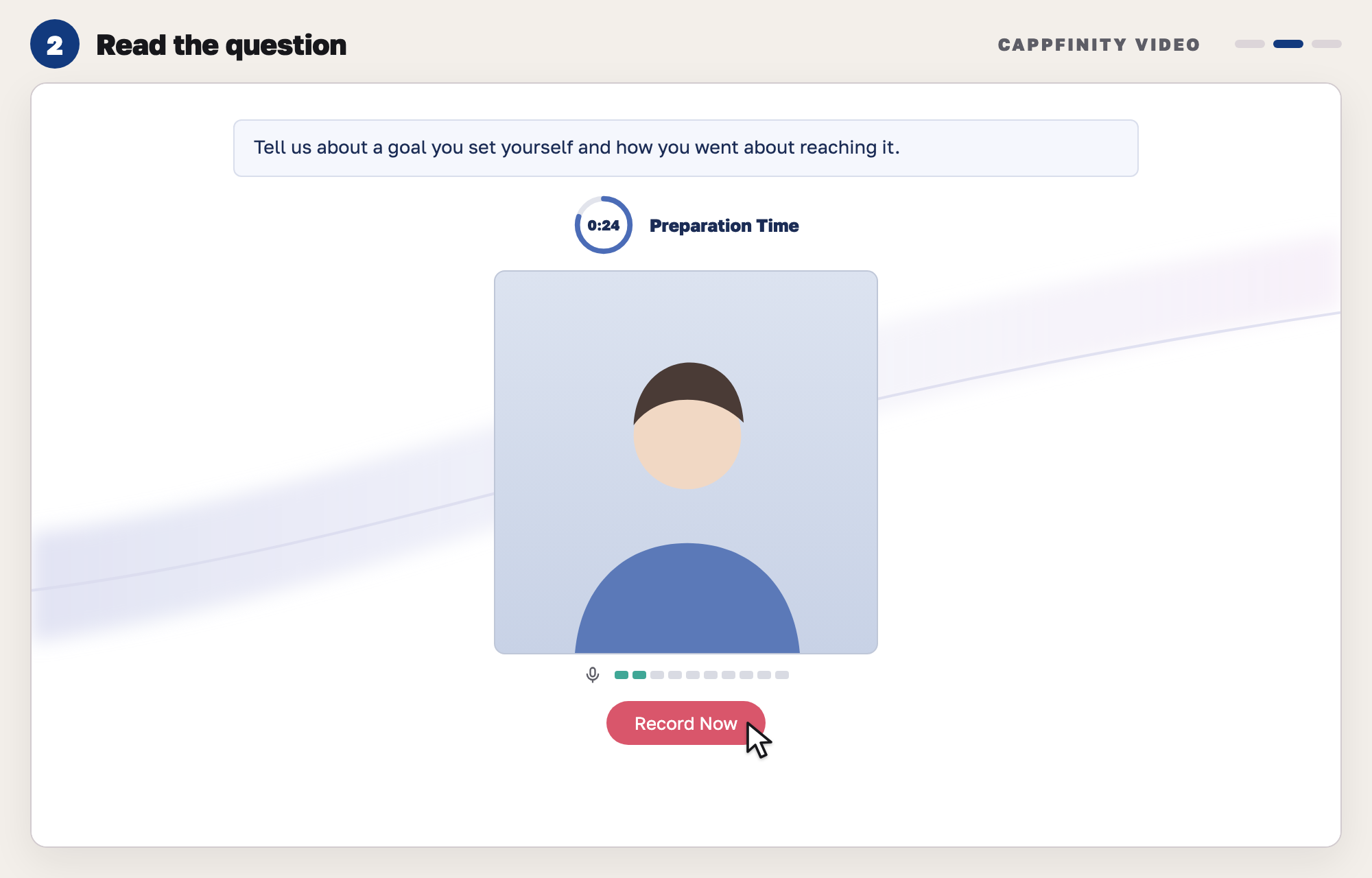 Our drawing of a video question screen: the question in a box, a preparation timer ring, the video box, a microphone meter and a red Record Now button.