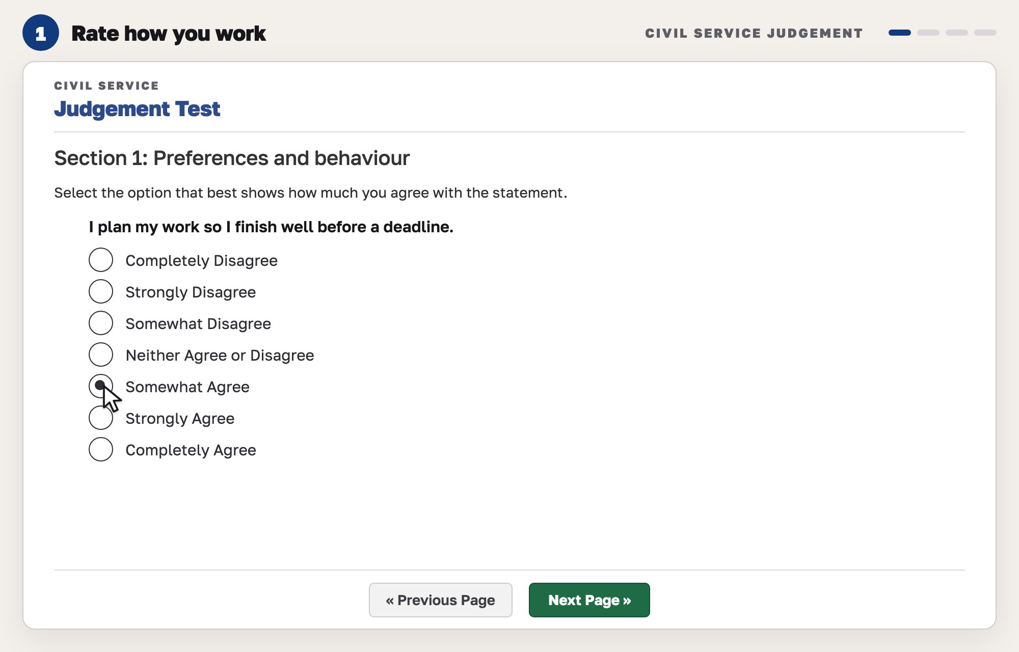 Our drawing of a self-assessment question with one statement and seven options from Completely Disagree to Completely Agree, with Previous Page and Next Page buttons.