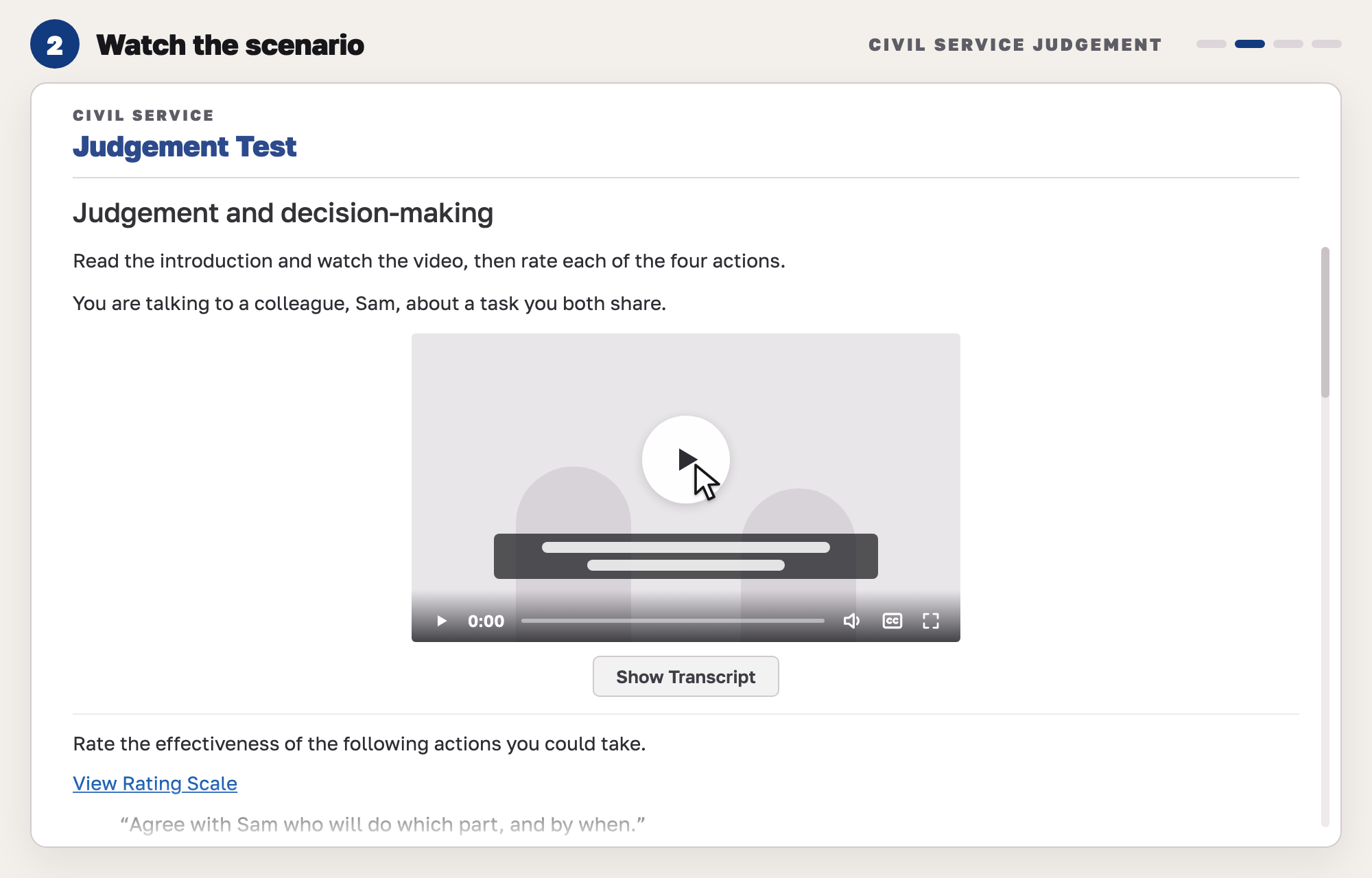 Our drawing of a video scenario page with a short introduction, a video player with subtitles, a Show Transcript button and the first action below.
