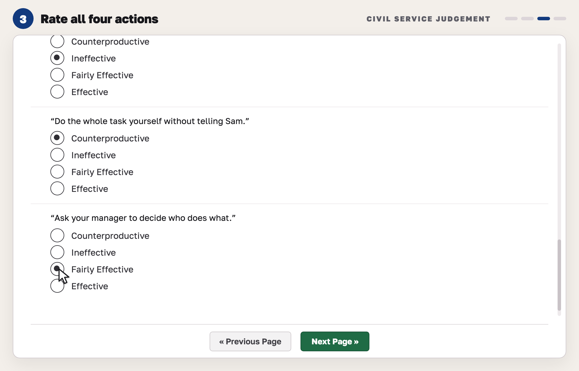 Our drawing of the same page scrolled down, with three actions each rated on four options from Counterproductive to Effective, and Previous Page and Next Page buttons.