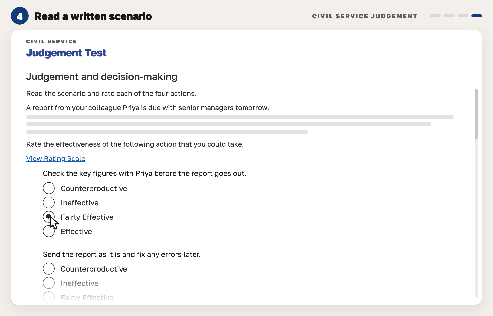 Our drawing of a written scenario page with a short situation, a View Rating Scale link and actions that each have four rating options.