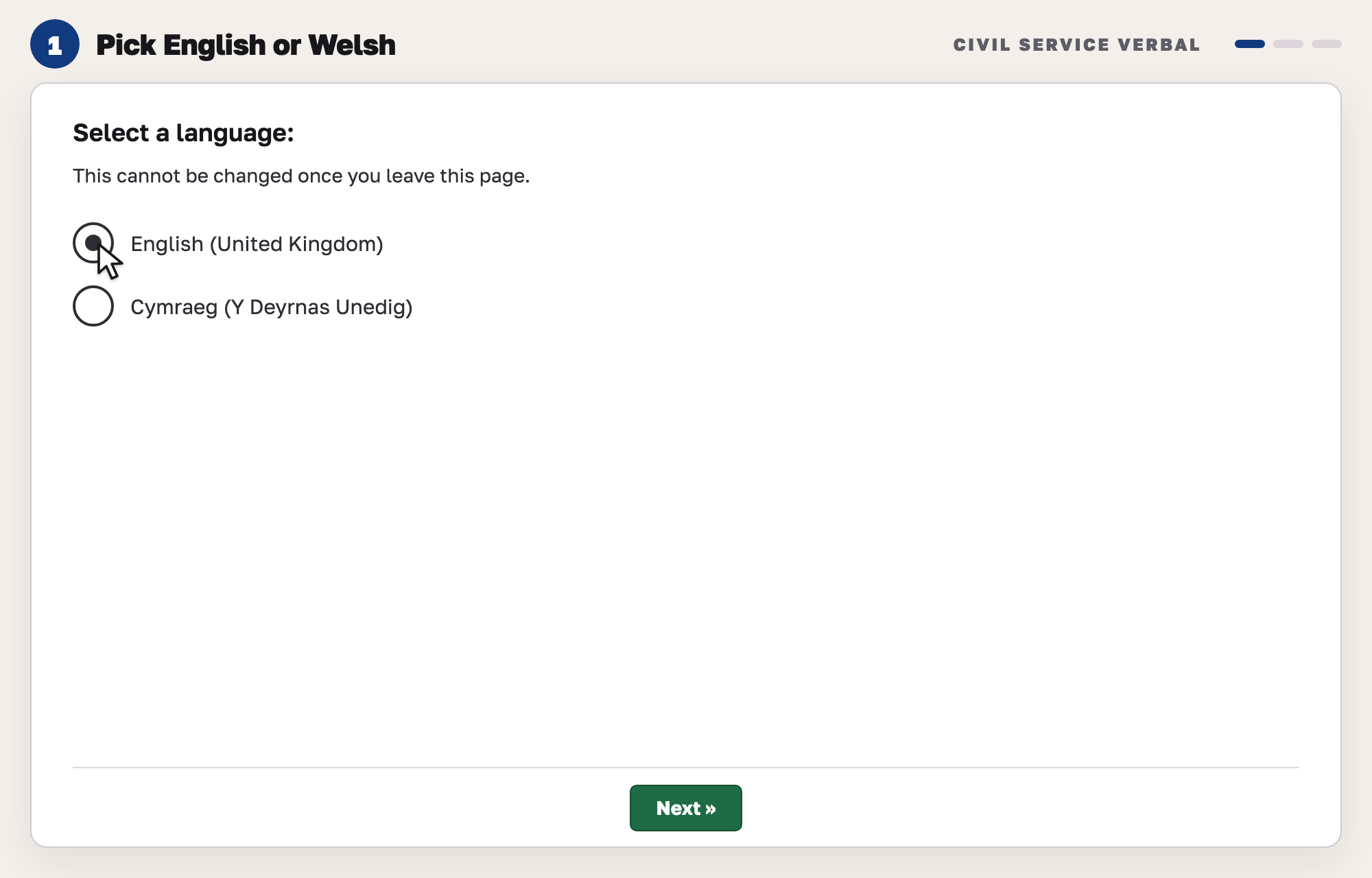 Our drawing of a language page with two large options, English and Cymraeg, a note that the choice cannot be changed later, and a Next button.
