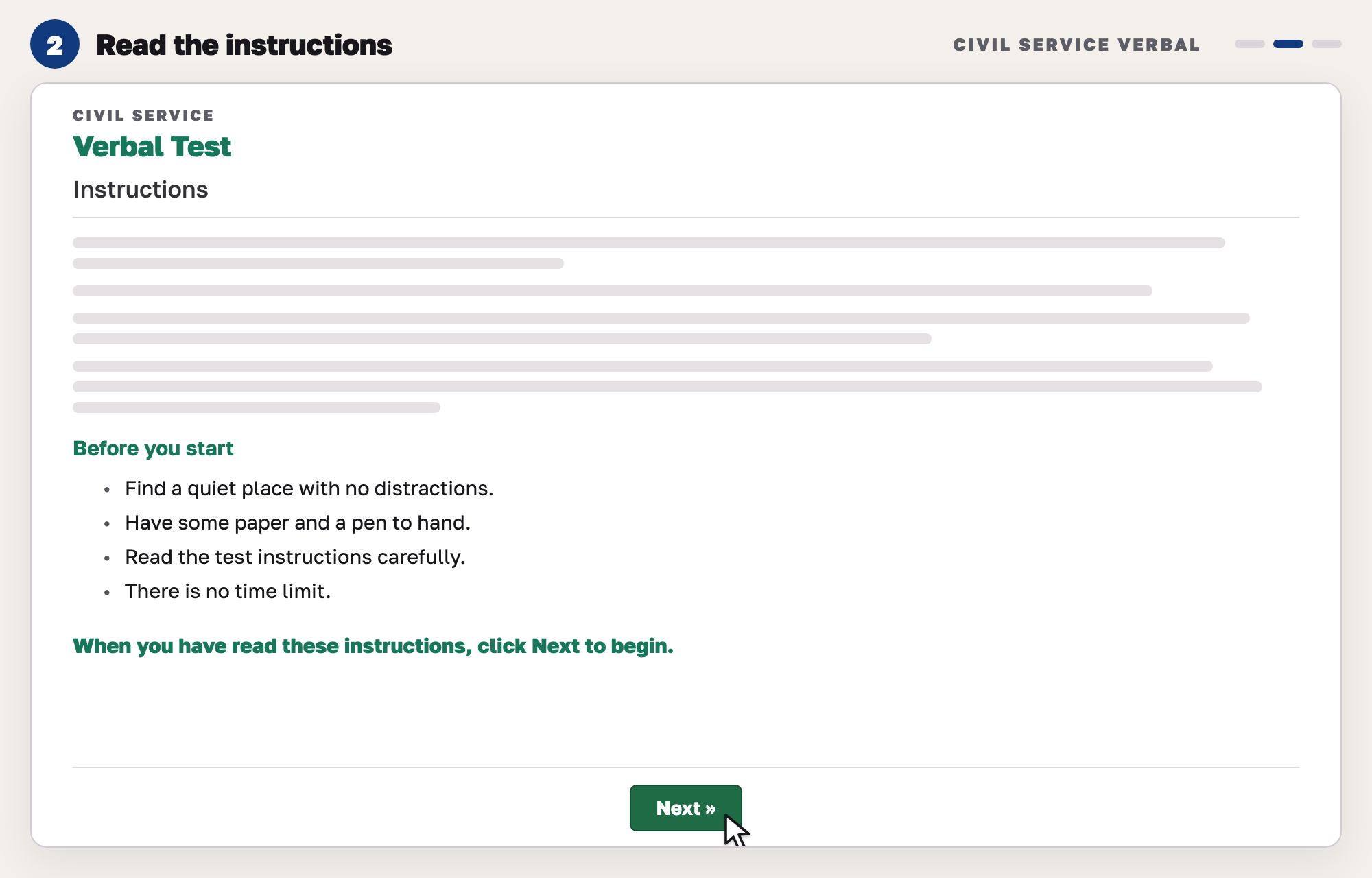 Our drawing of the verbal test instructions page with grey placeholder text, a short checklist under Before you start, and a Next button.