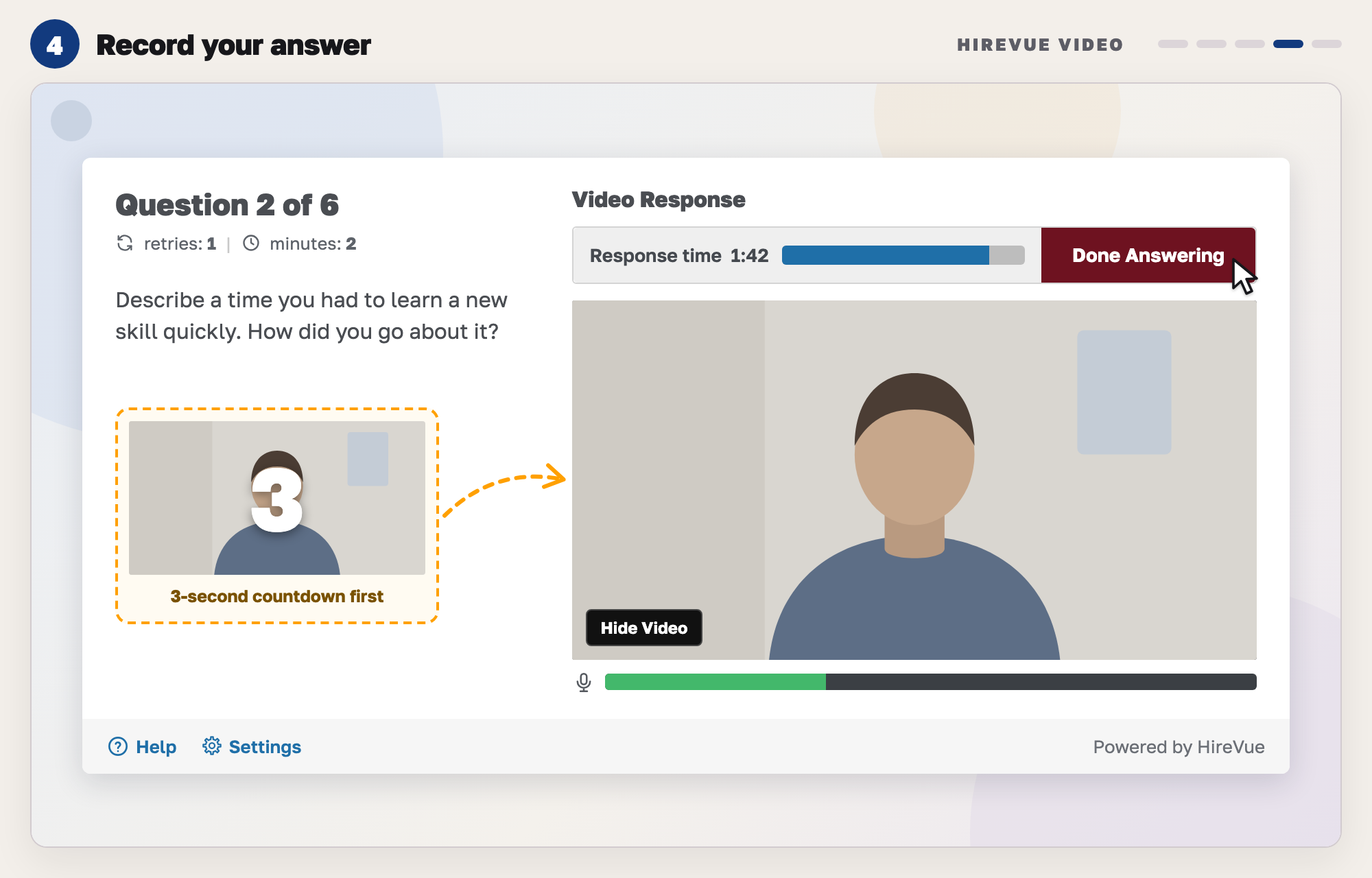 Our drawing of a HireVue question screen while recording: a blue response time bar joined to a Done Answering button, your live video below it, and a note showing the 3-second countdown that comes before recording starts.