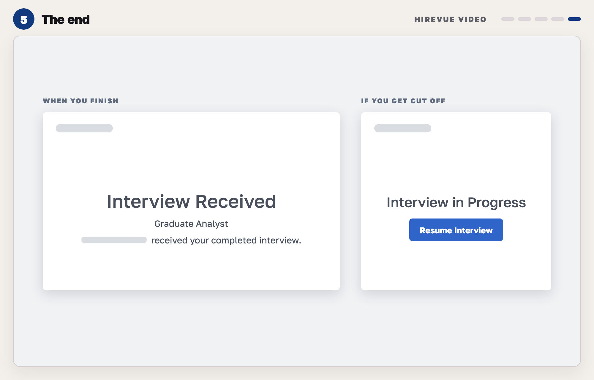 Our drawing of two HireVue status pages: Interview Received, saying the employer received your completed interview, and Interview in Progress with a Resume Interview button.