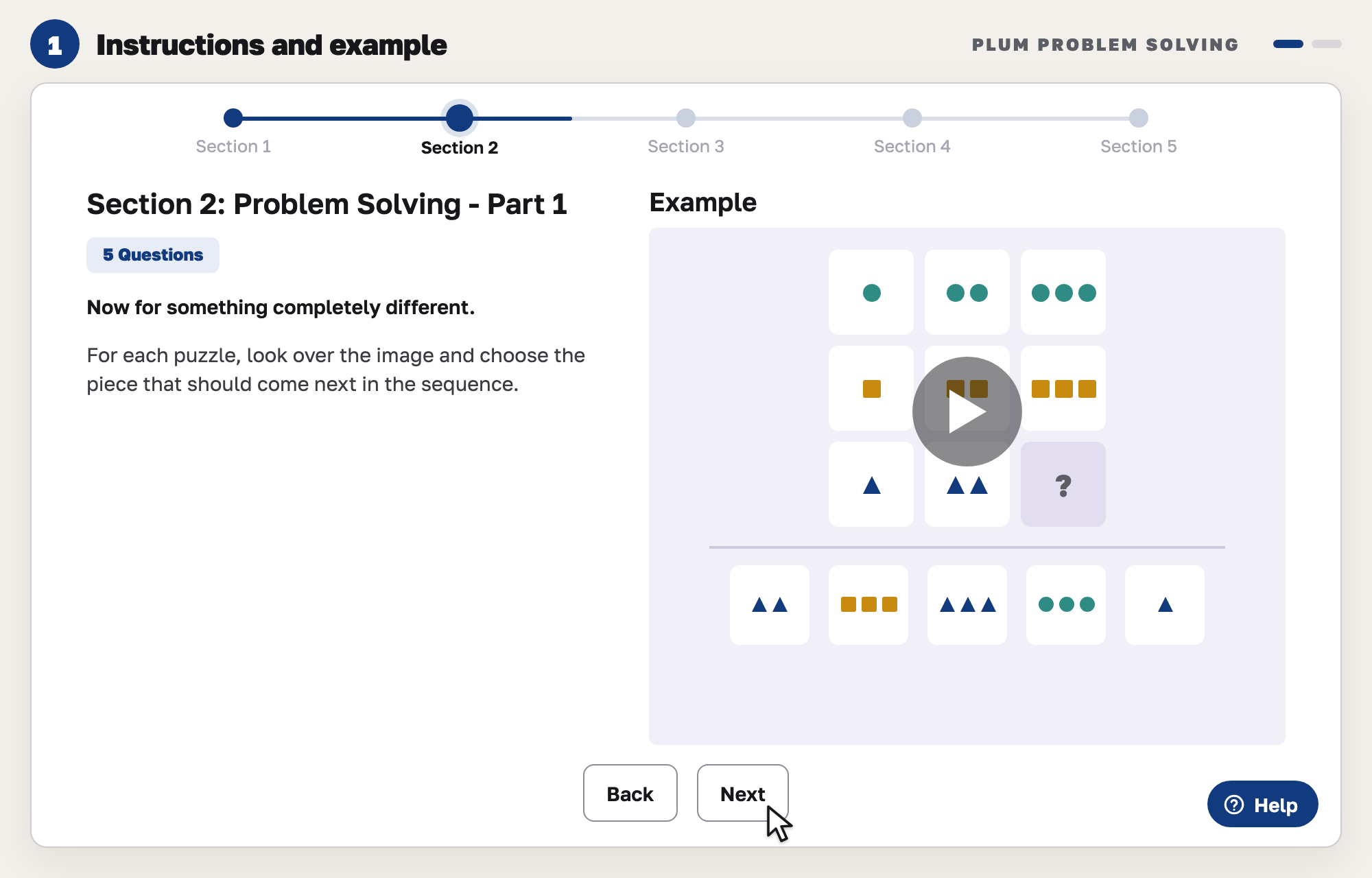 Our drawing of a Plum-style puzzle instructions page: a five-step section bar at Section 2, the instructions on the left, and on the right an example grid of shapes with a play button and five answer pieces.