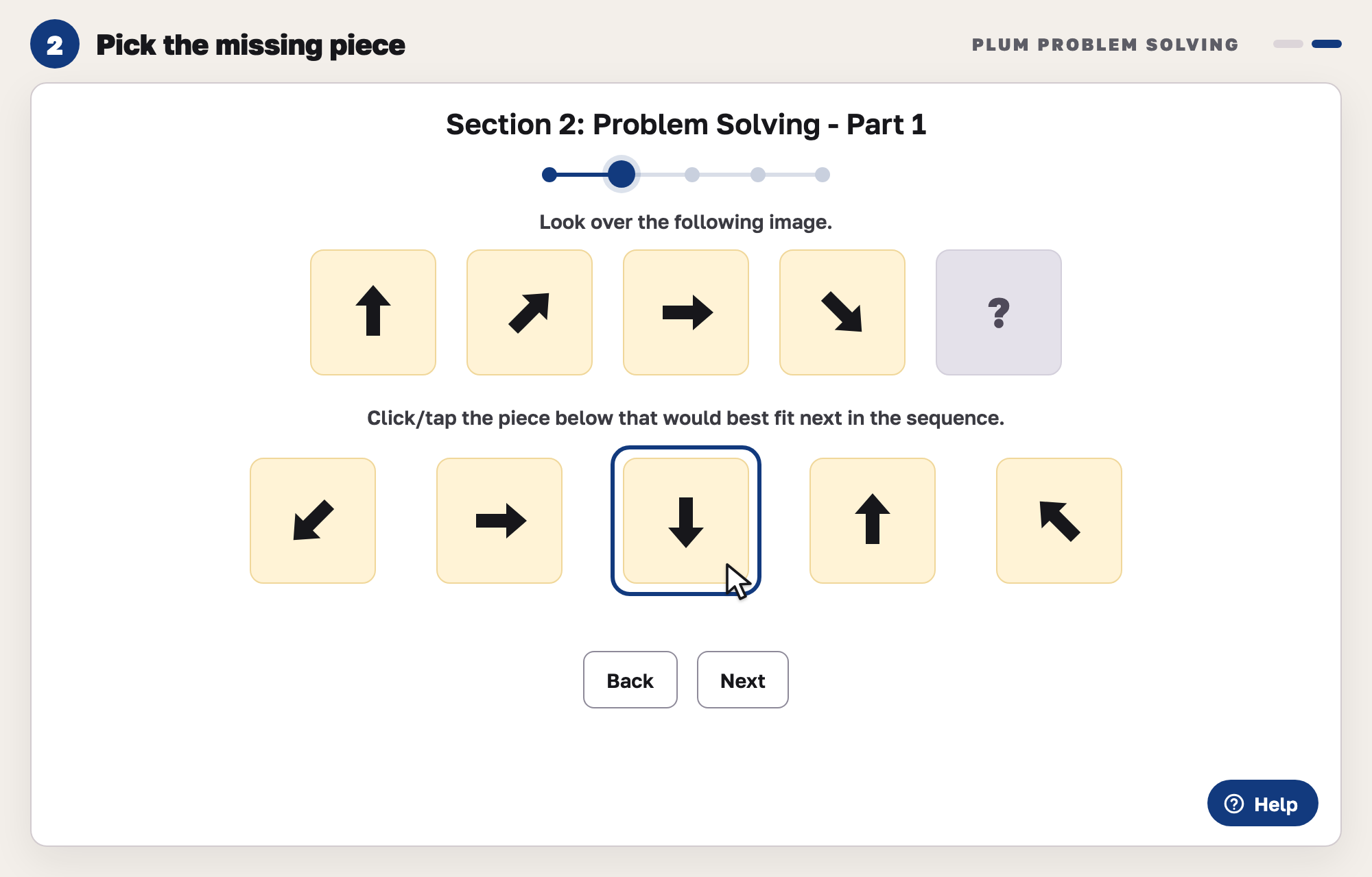 Our drawing of a Plum-style puzzle question: a row of arrows that turn a little each step, a question mark at the end, five answer pieces below with one ringed under the pointer, and Back and Next buttons.