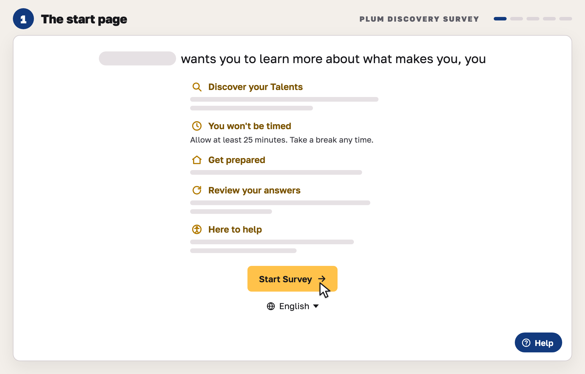 Our drawing of a Plum-style start page: a grey company name, five short notes with gold icons such as You won't be timed, a language menu, and a yellow Start Survey button under the pointer.