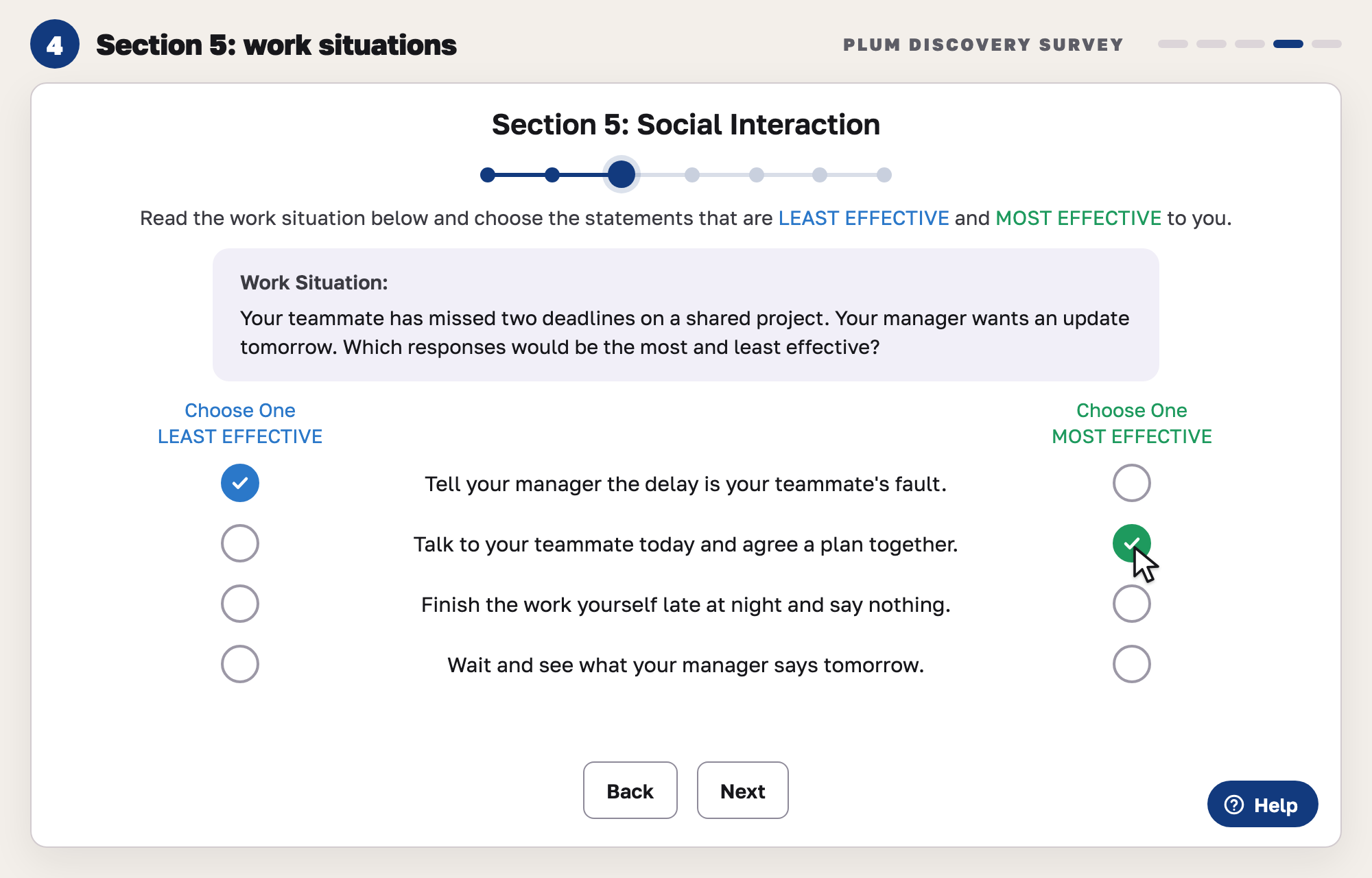 Our drawing of a Plum-style Section 5 question: a short work situation about a teammate who missed two deadlines, four possible responses, one ticked as least effective and one ticked as most effective.