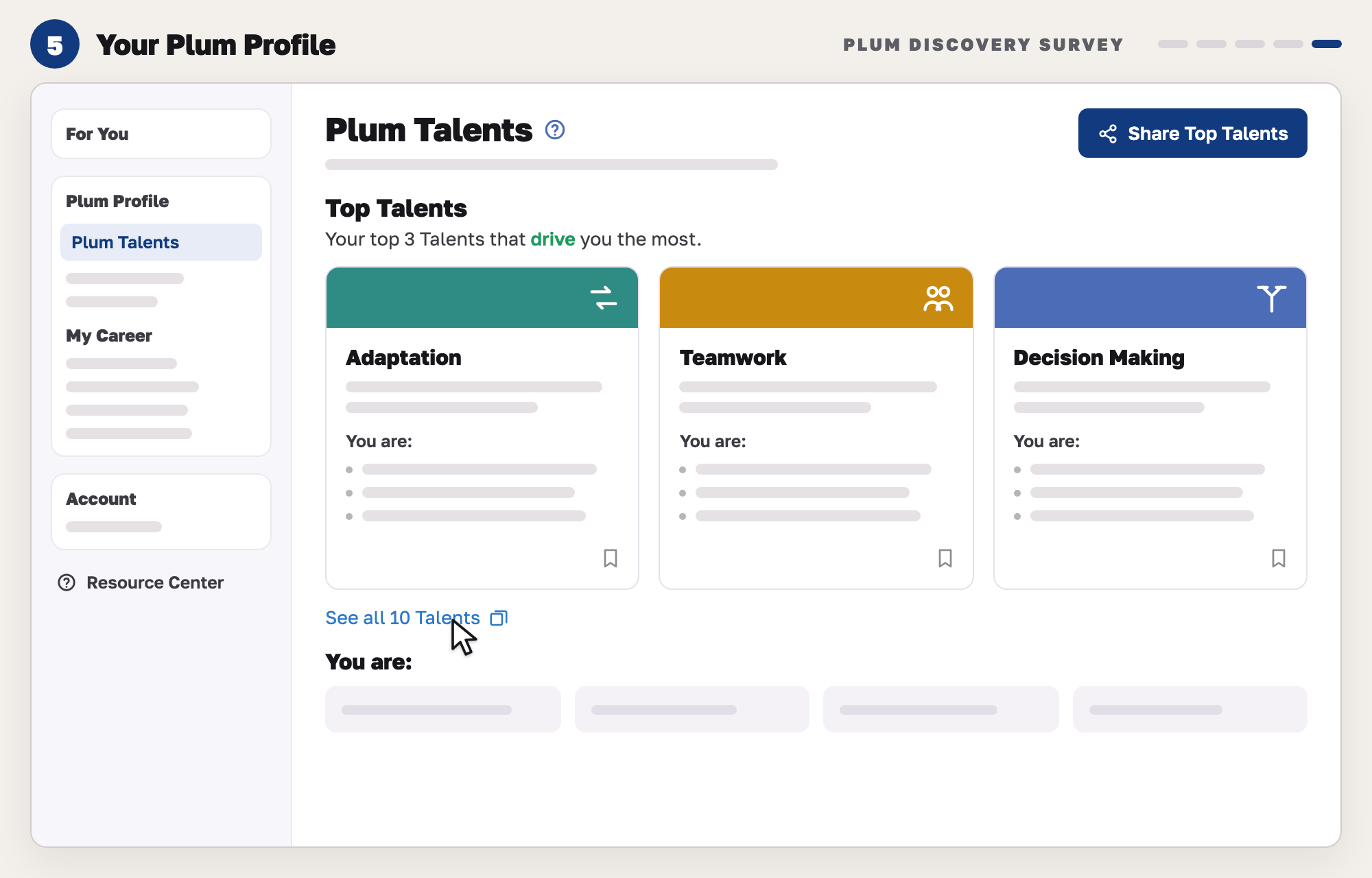 Our drawing of a Plum-style profile page: a side menu with Plum Talents selected, three Top Talents cards for Adaptation, Teamwork and Decision Making, and the pointer on See all 10 Talents.