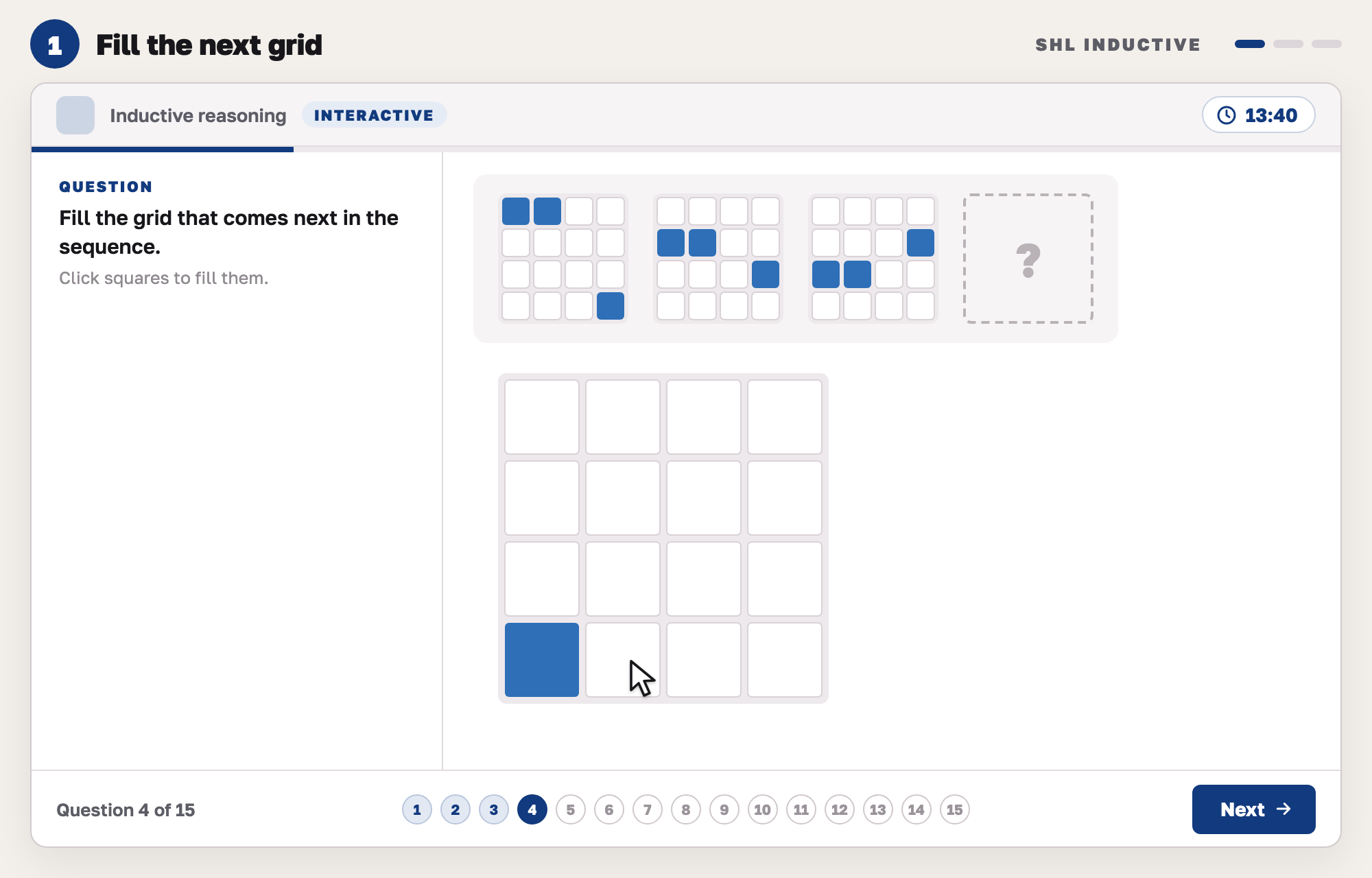 Our drawing of an SHL-style interactive inductive question: three small grids with shaded squares and a question mark, and a large grid below where you click squares to fill them.
