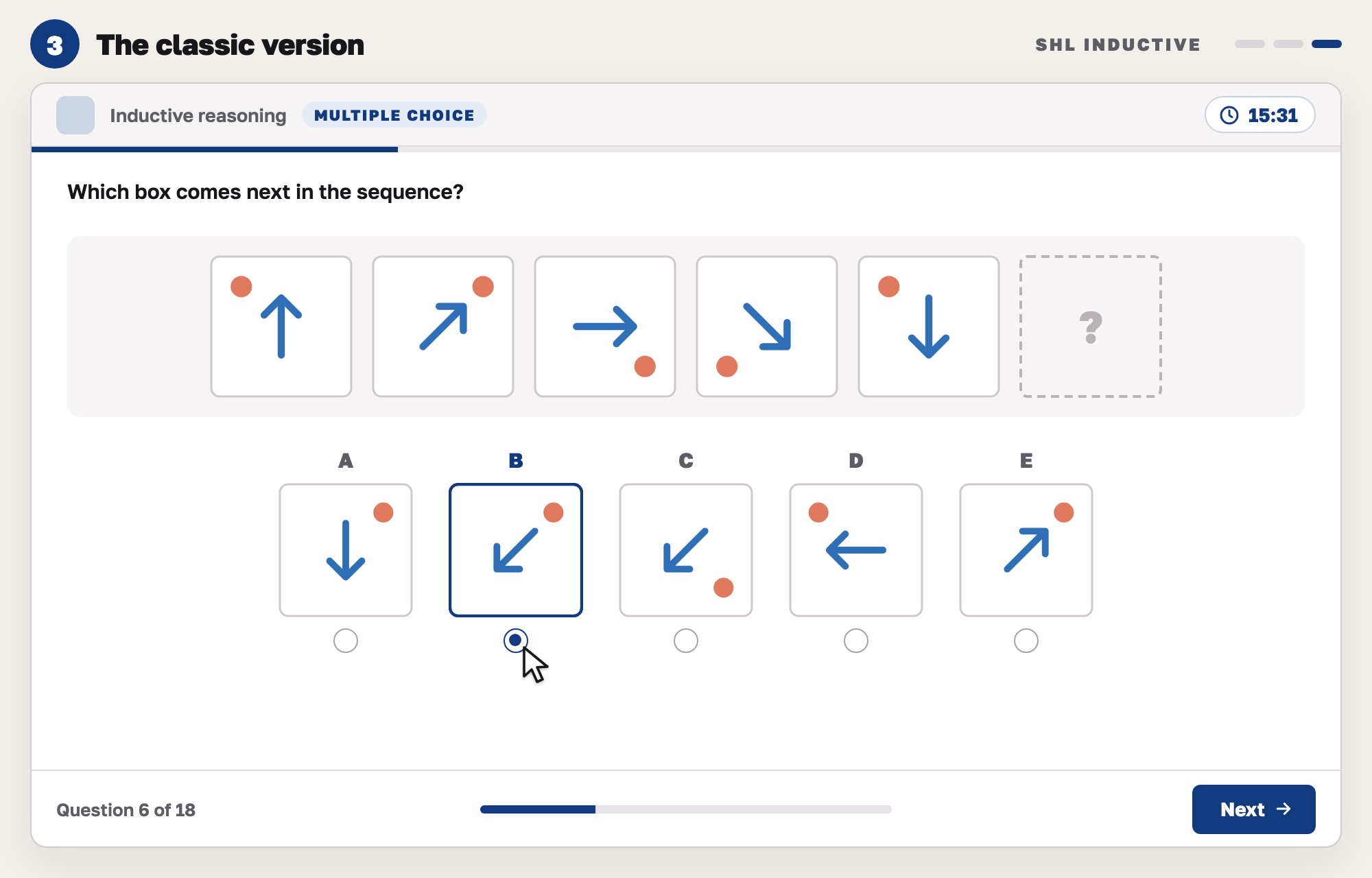 Our drawing of a classic inductive question: five boxes in which a dot moves round the corners and an arrow turns, a box with a question mark, and five answer boxes A to E with B selected.